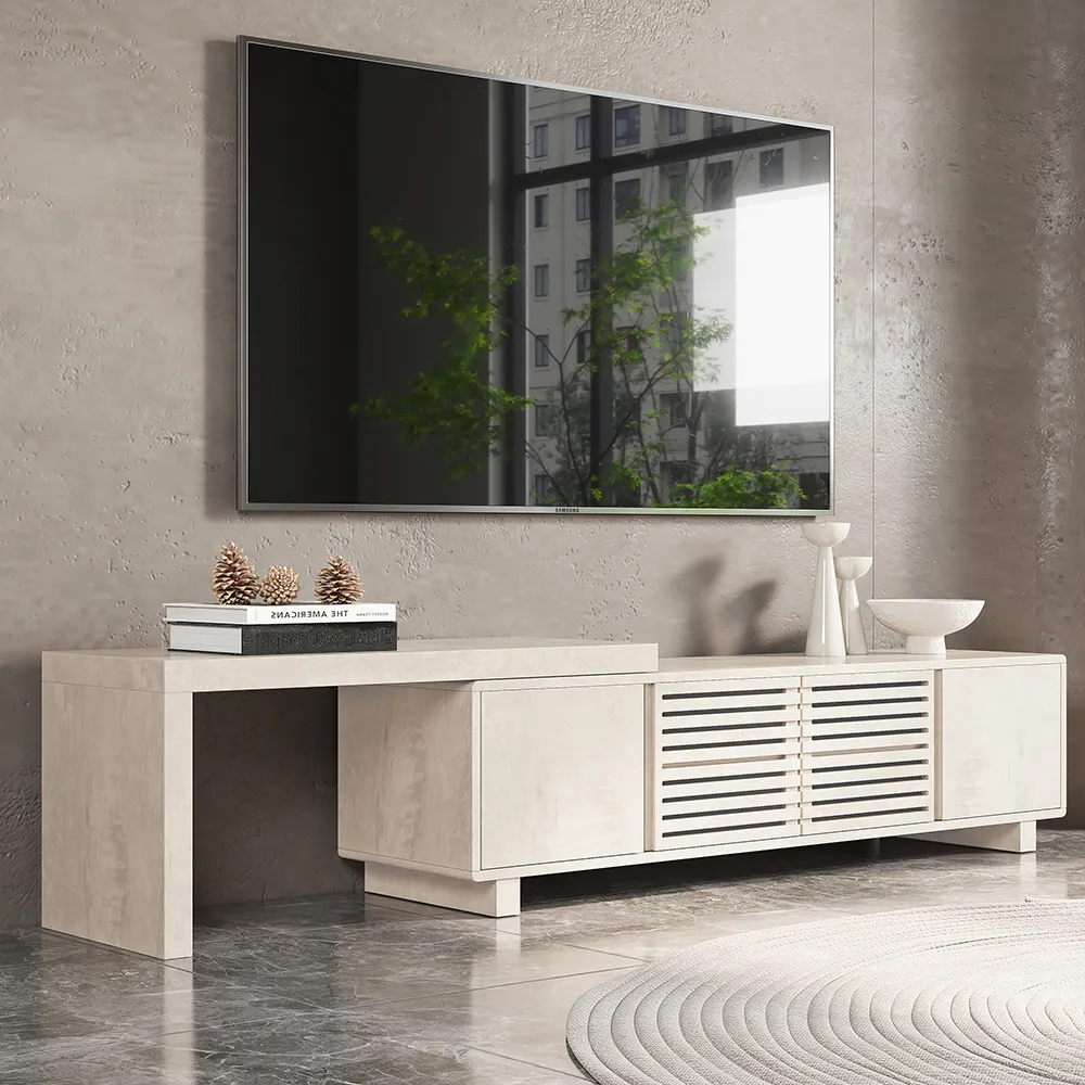 Extendable TV Stand with 4 Shelves - Distressed White