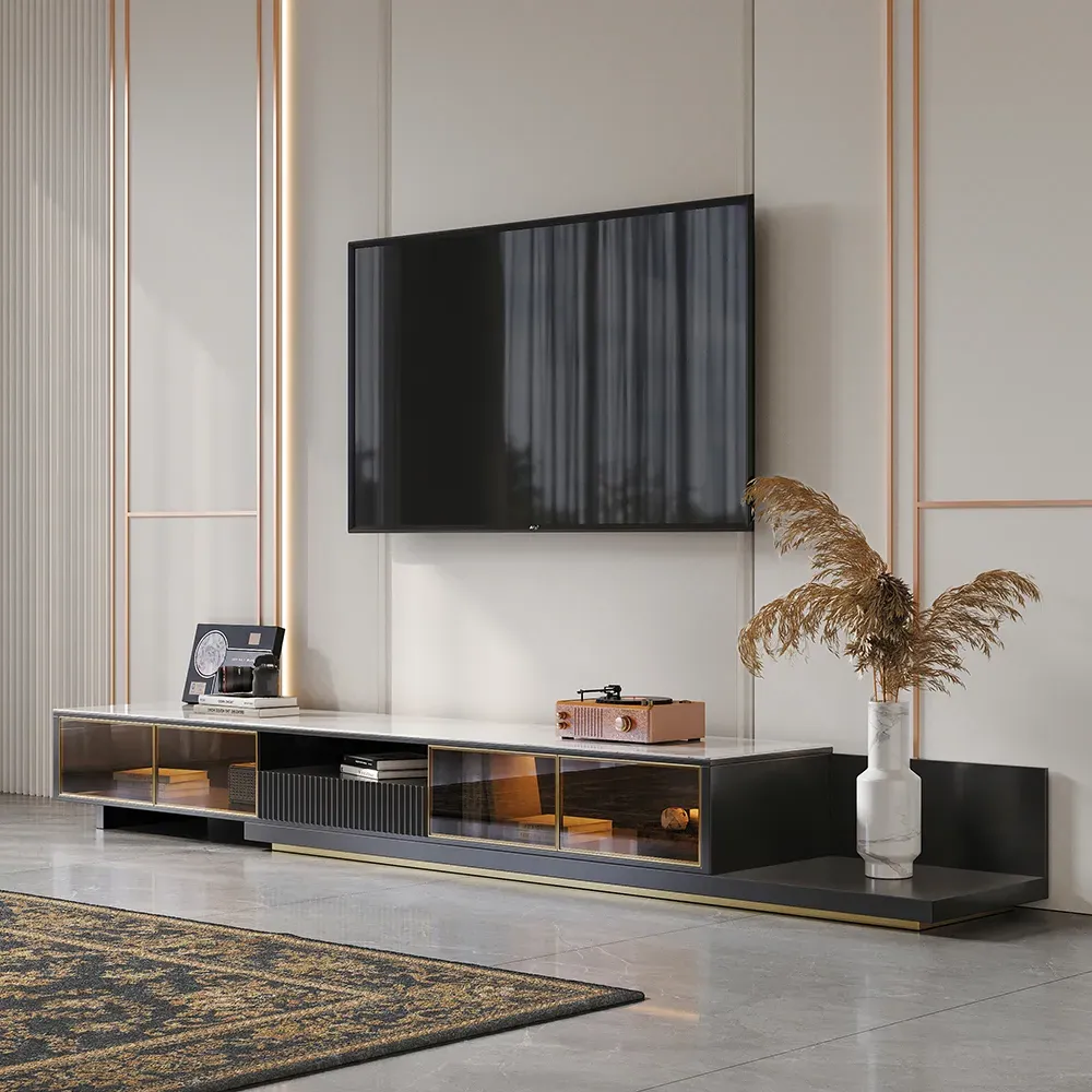 Extendable TV Stand with LED Light & Glass Door - Black image