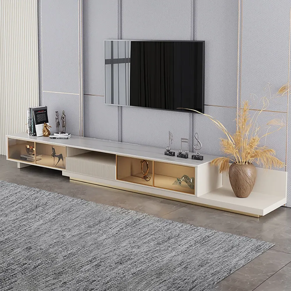 Extendable TV Stand with LED Light & Glass Door - Light Khaki