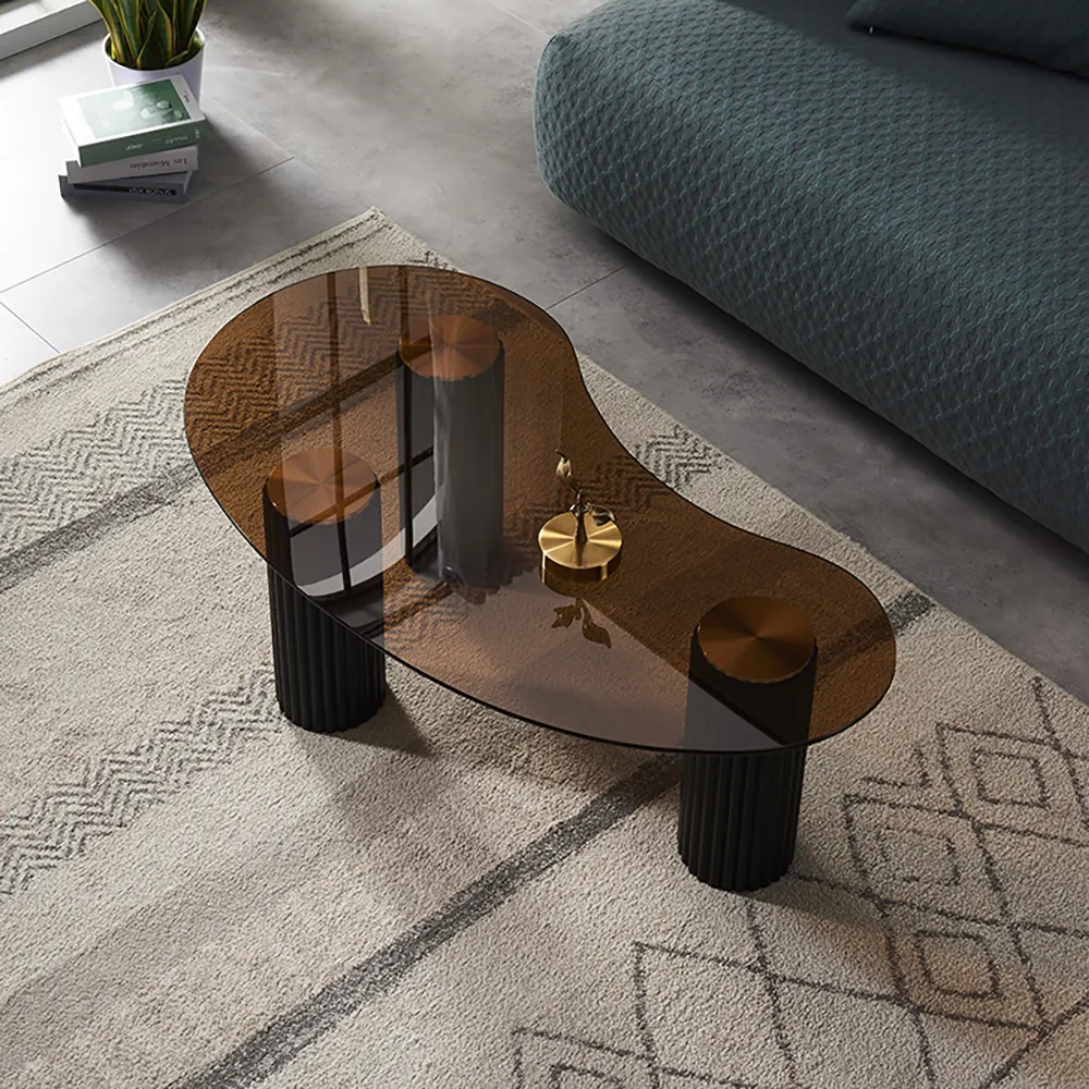 Eye-Shaped Coffee Table with 3 Legs - Black, Tempered Glass image