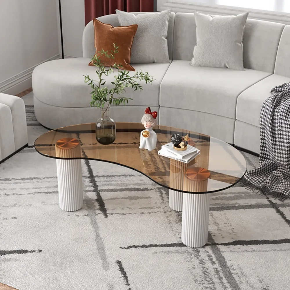 Eye-Shaped Coffee Table with 3 Legs - White, Tempered Glass