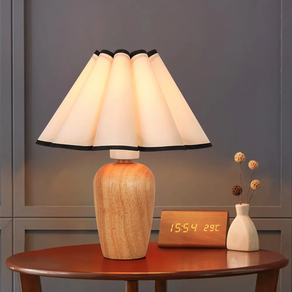 Fabric Shade Table Lamp with Wooden Base - Cream image