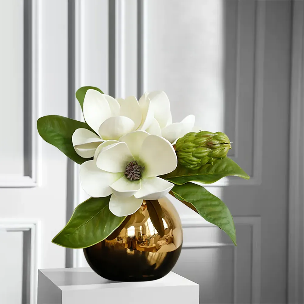 Faux Magnolia in Glass Ball Vase Set - Gold image