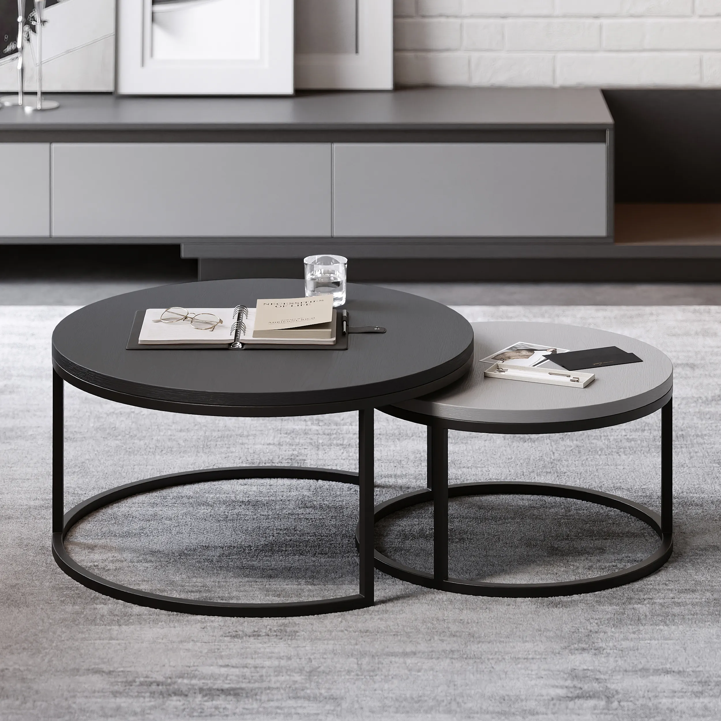 Fero 2-Piece Round Nesting Coffee Table - Grey, Wood