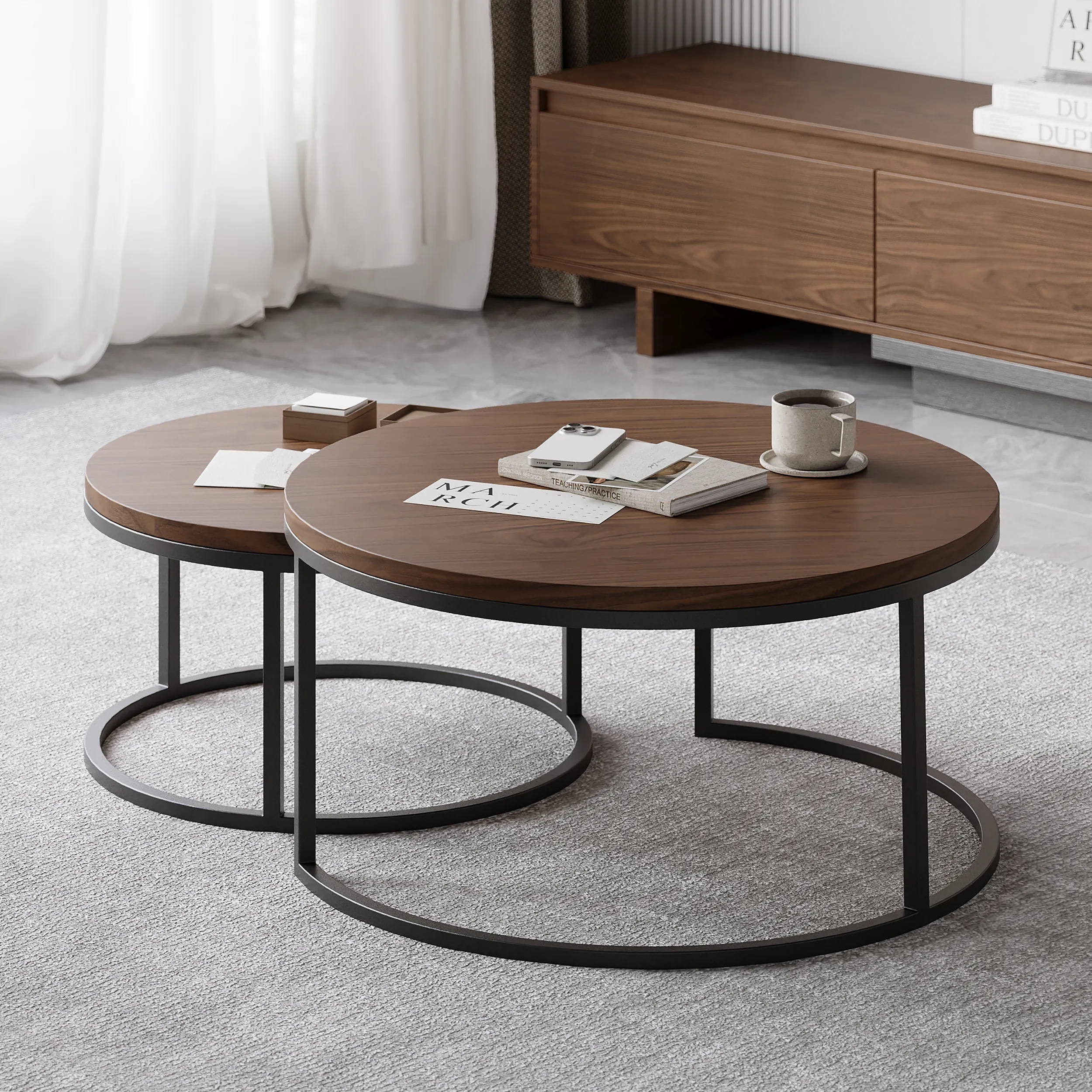 Fero 2-Piece Round Nesting Coffee Table - Walnut, Wood image