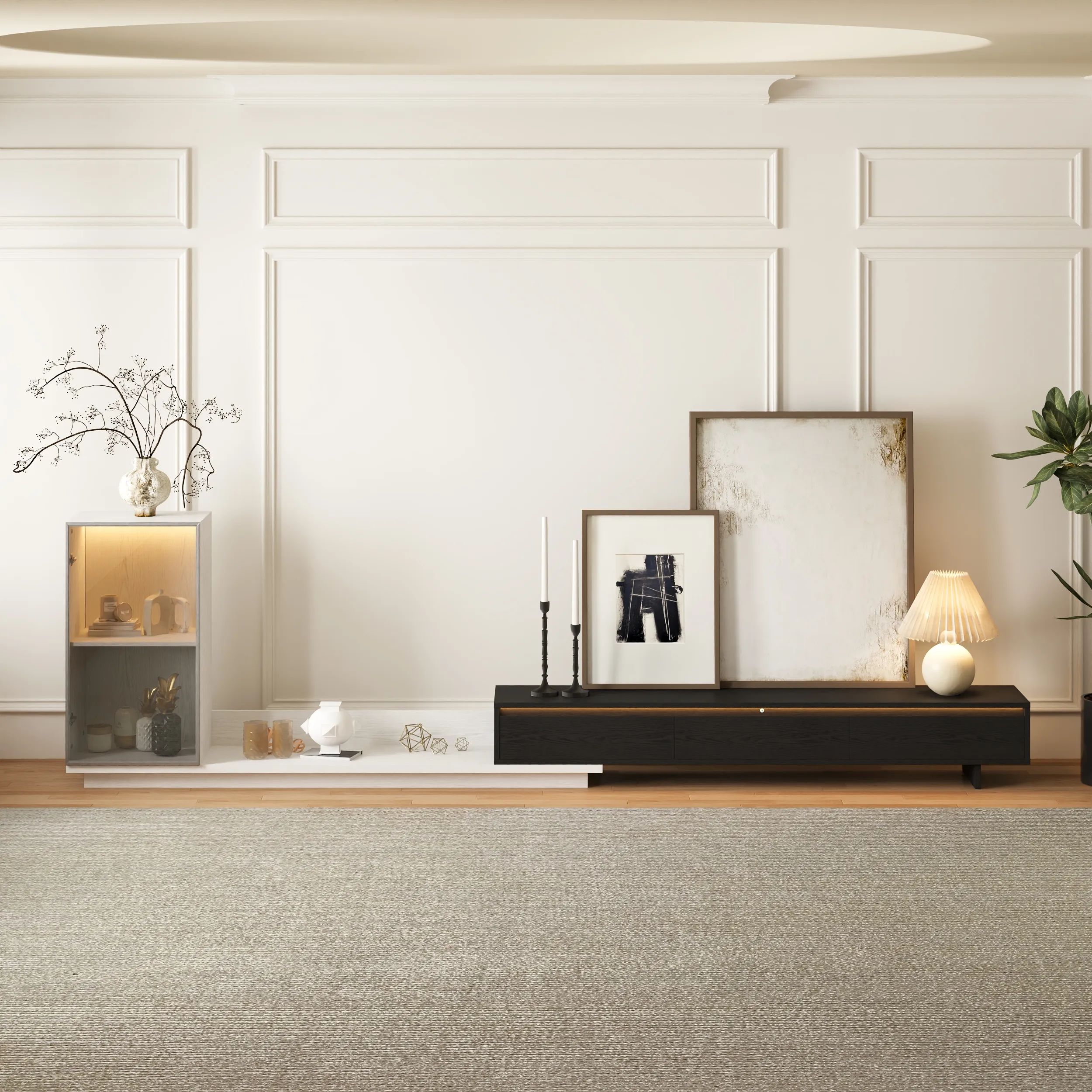 Fero Extendable TV Stand with 3 Drawers & LED - White, Black