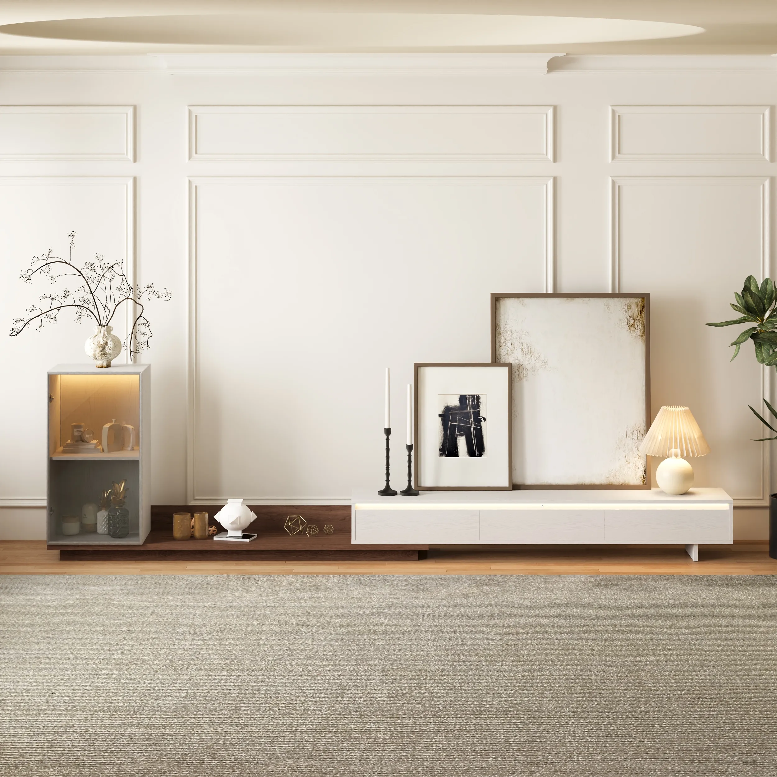 Fero Extendable TV Stand with 3 Drawers & LED - White, Walnut