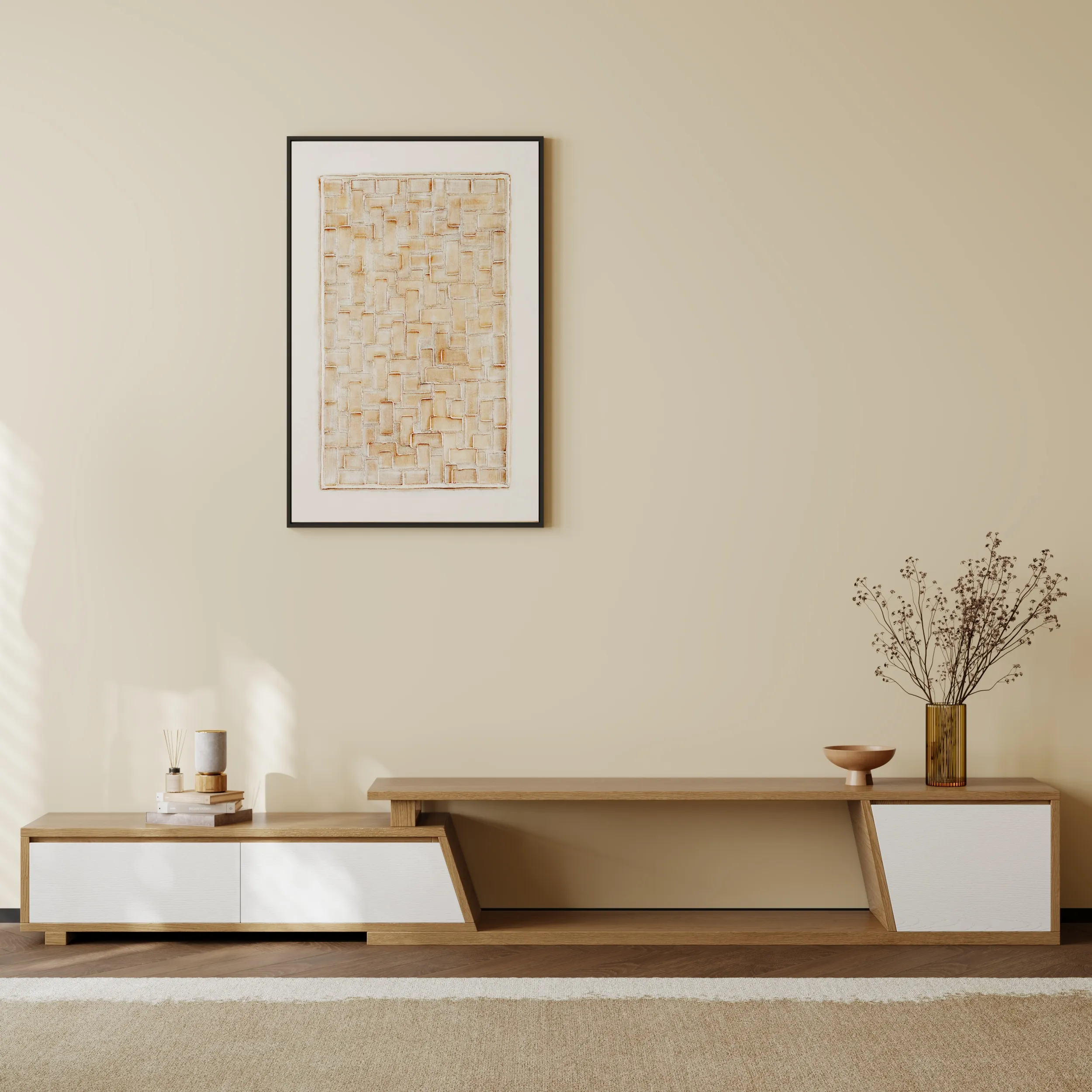 Fero Extendable TV Stand with 3 Drawers - White, Natural