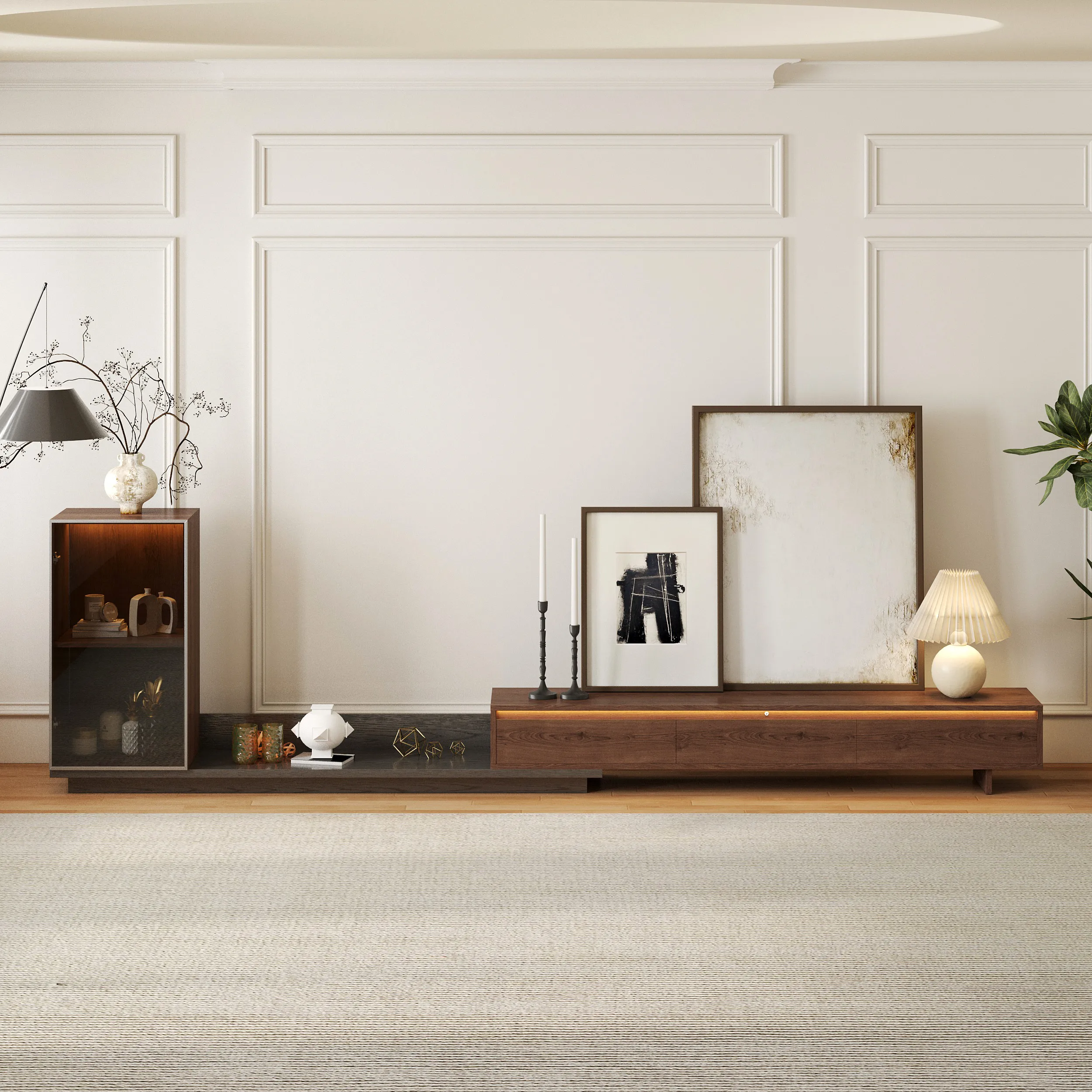 Fero Extendable TV Stand with LED Lighting - Walnut, Gray