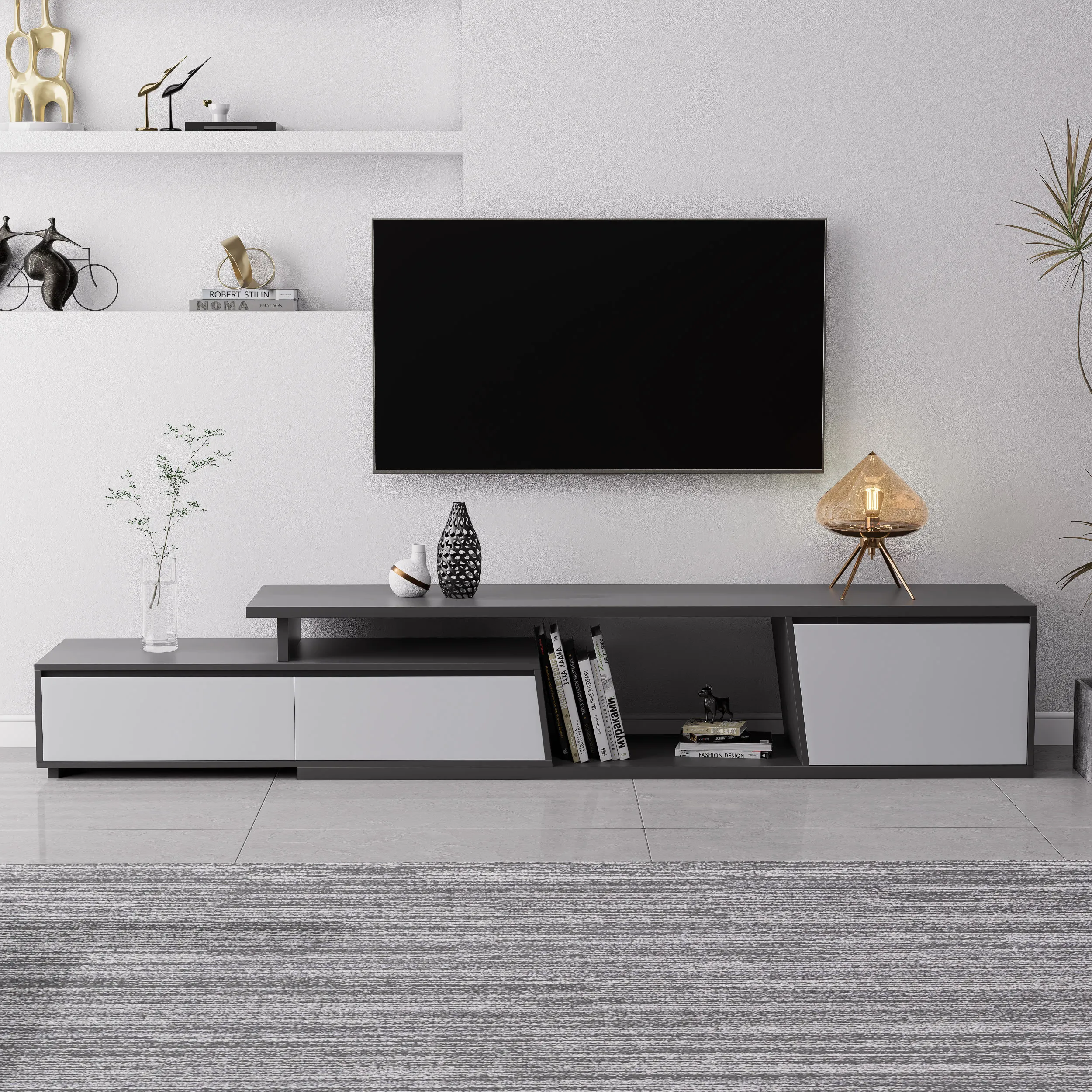 Fero Rectangle Extendable TV Stand with 3 Drawers - Gray
