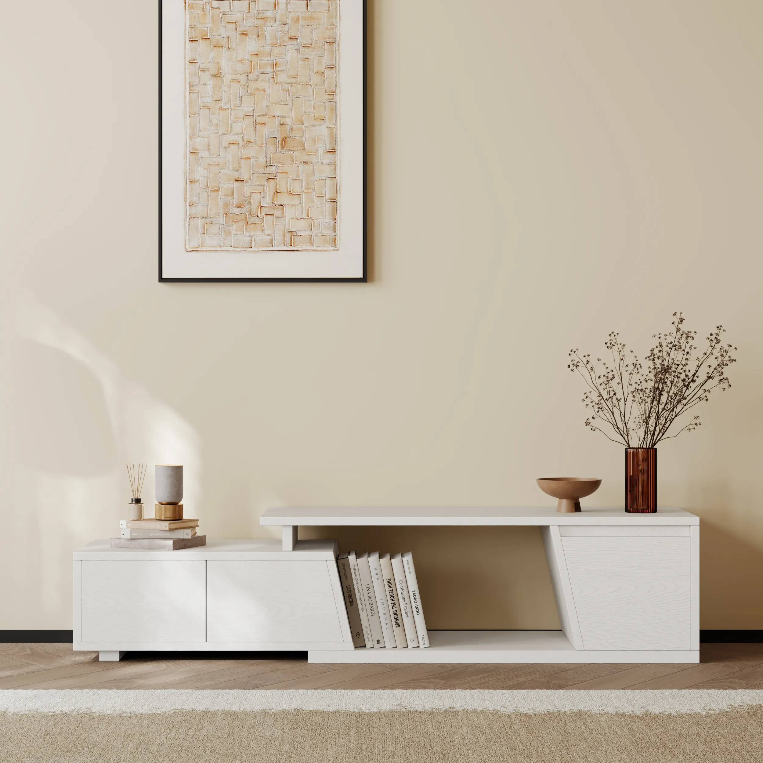 Fero Rectangle Extendable TV Stand with 3 Drawers - White