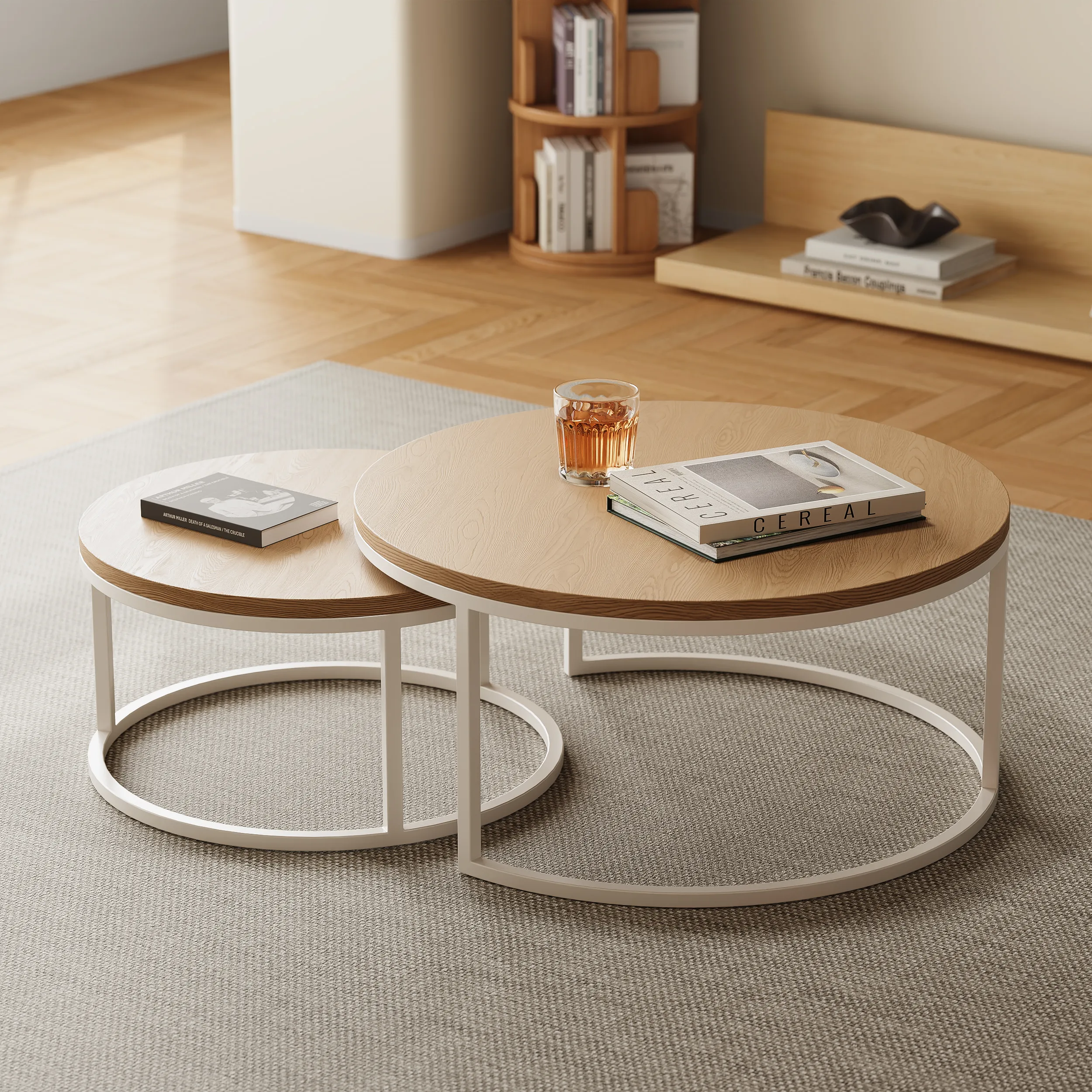 Fero Round Nesting Coffee Table Set of 2 - Light Oak, White Metal