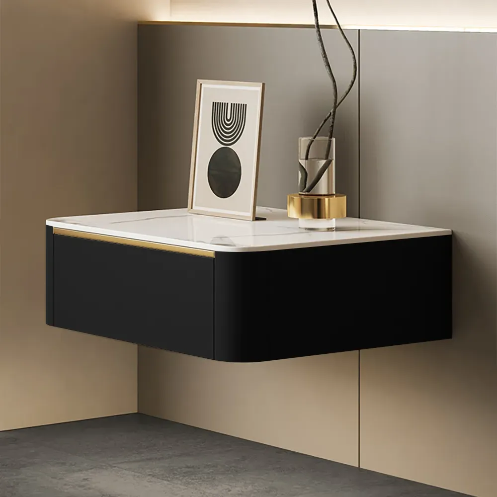 Floating Nightstand 1 Drawer with Sintered Stone Top Set of 2 - Black