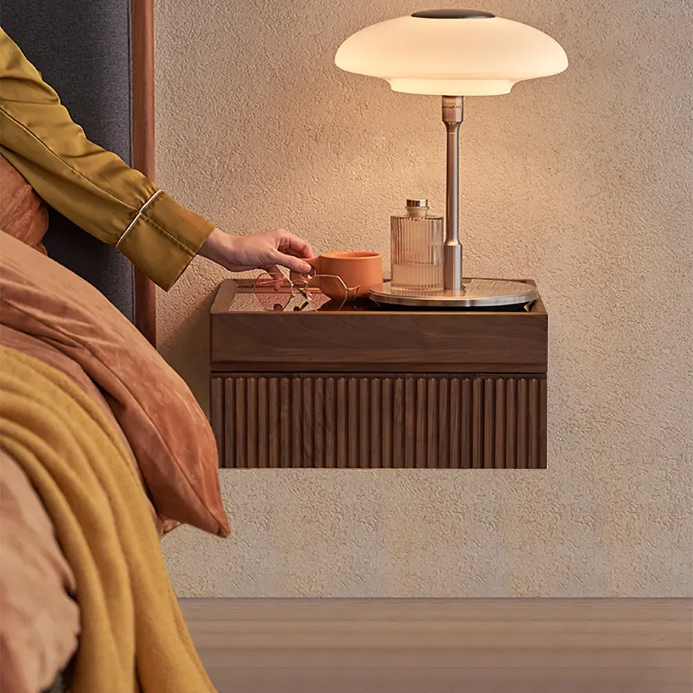 Floating Nightstand Set with Glass Top - Walnut, MDF