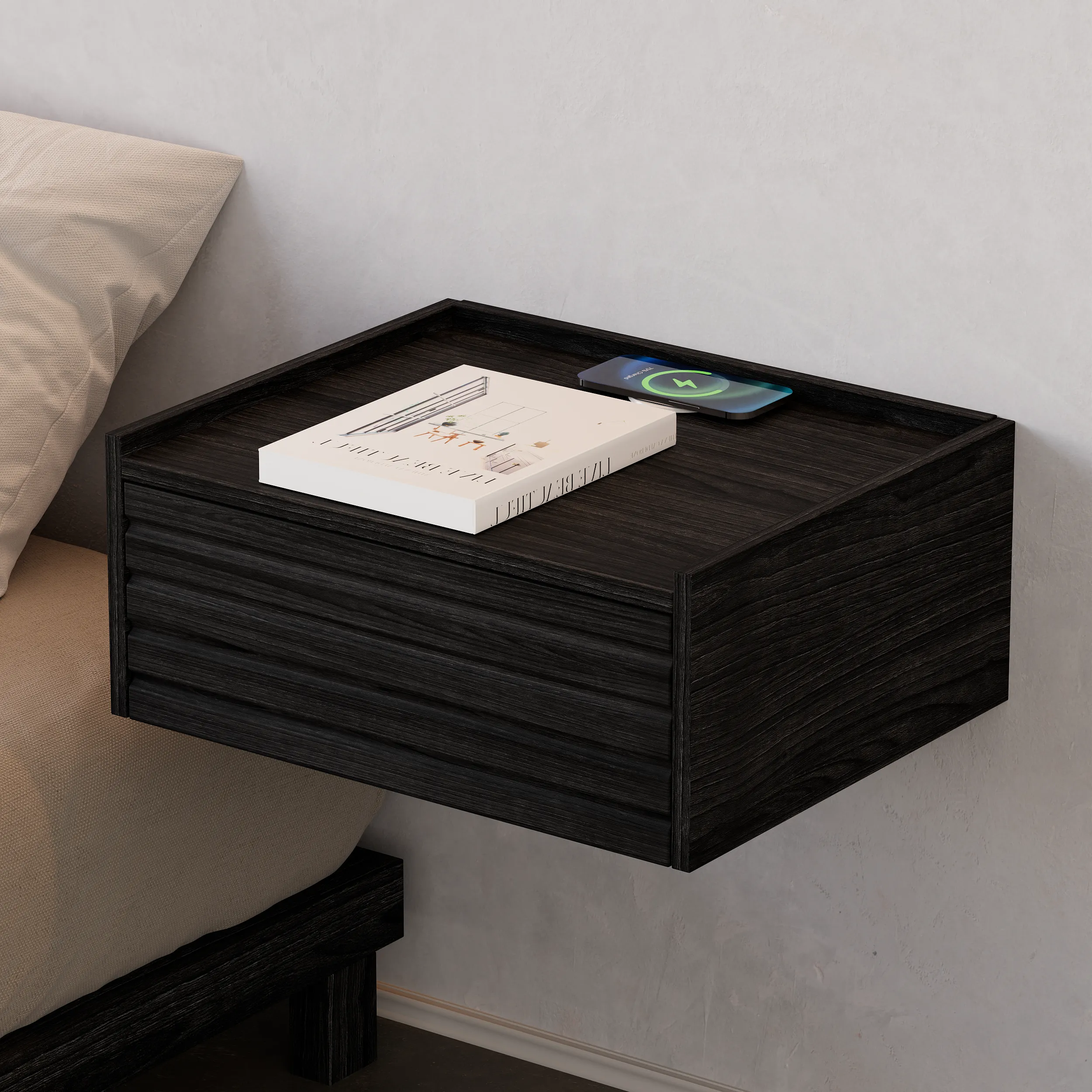 Floating Nightstand with Charging Station - Wood