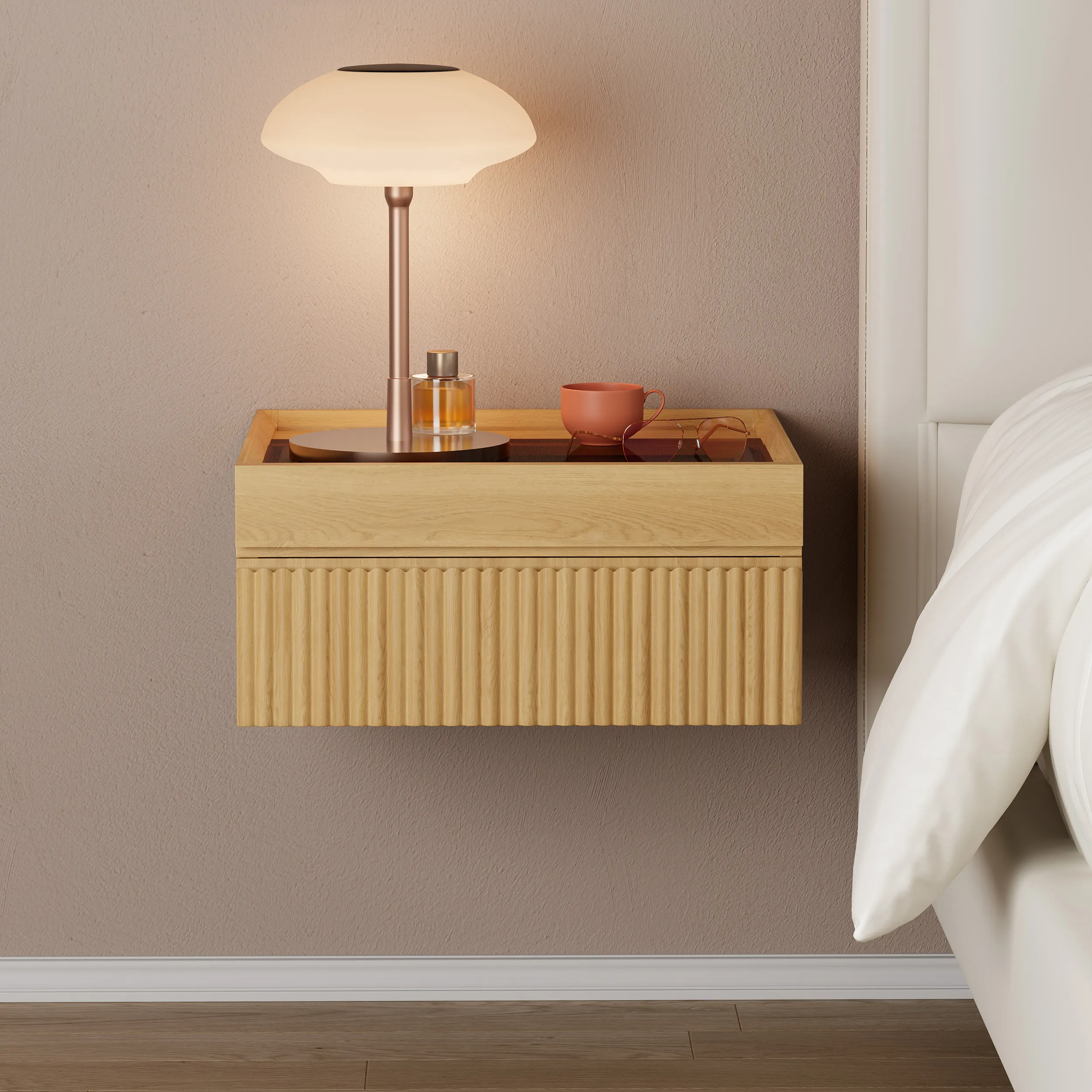 Floating Nightstand with Glass Top & Jewelry Storage - Natural