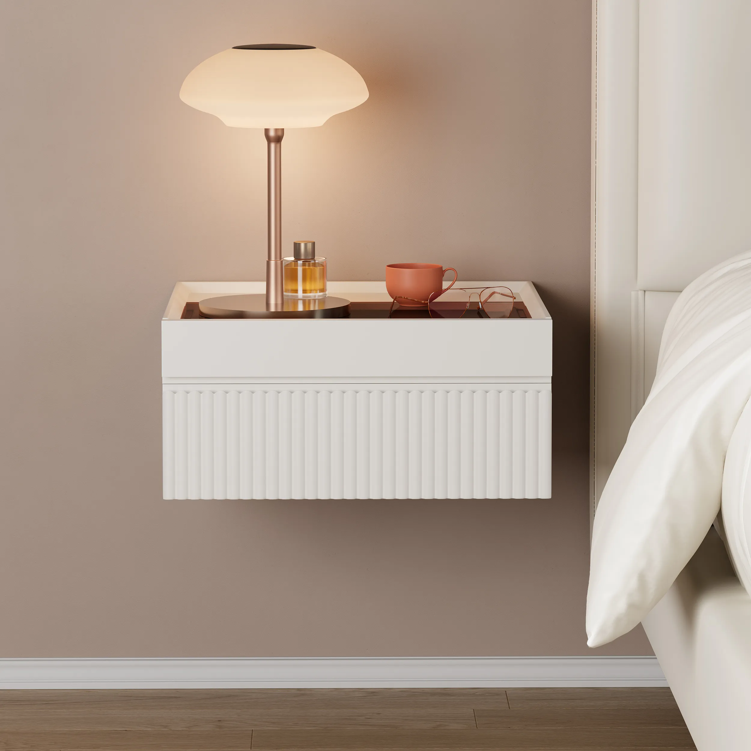 Floating Nightstand with Glass Top & Jewelry Storage - White image