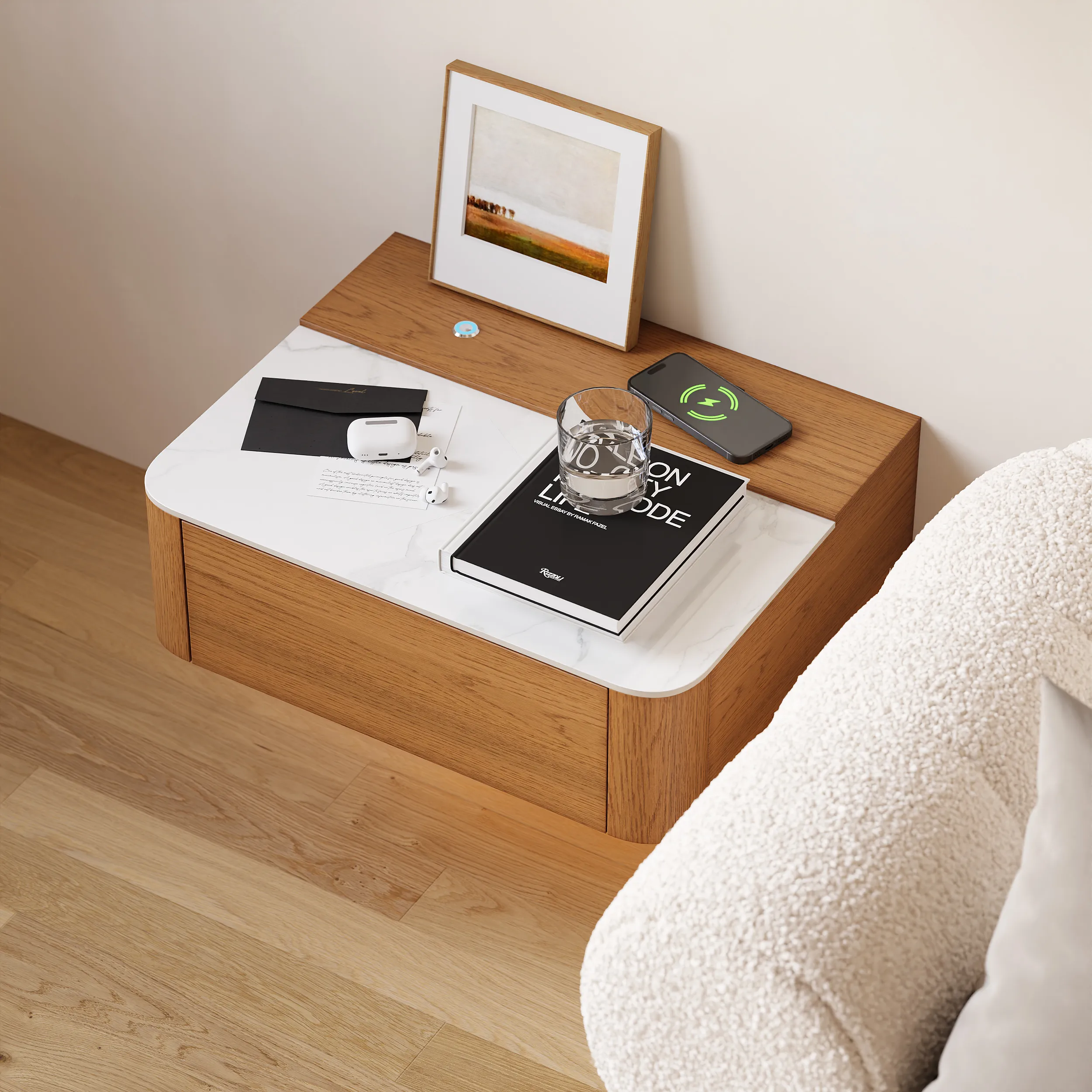 Floating Nightstand with Light & Charging Station - Cherry