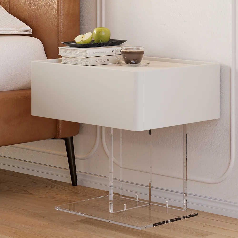 Floating Nightstand with Shelf - White, Faux Leather
