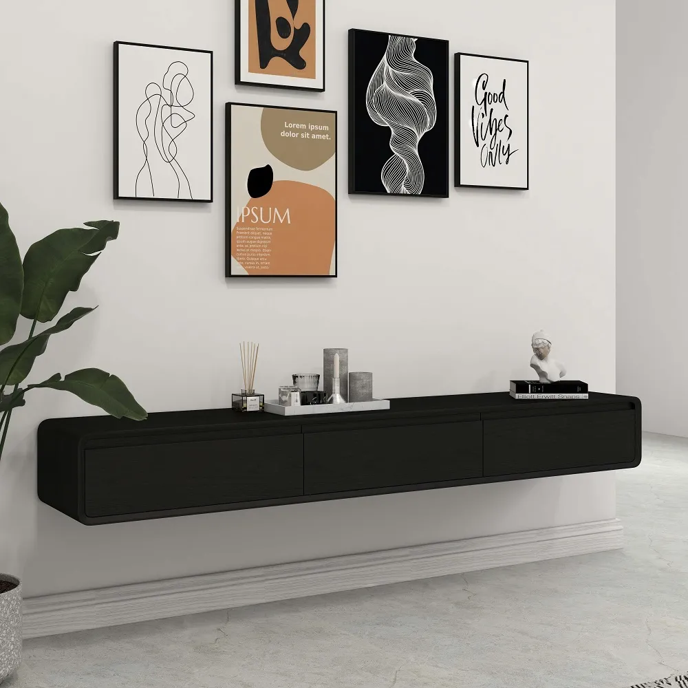 Floating Wood TV Stand with 3 Drawers - Black