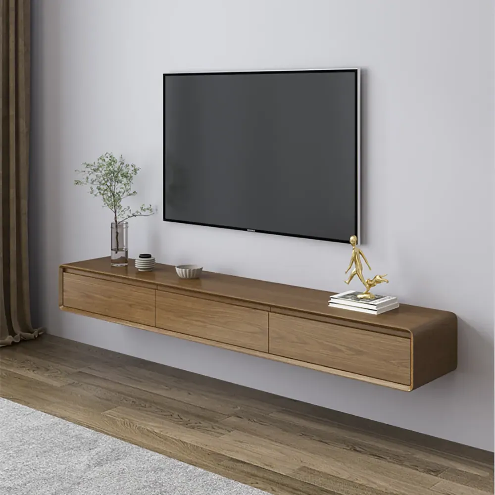 Floating Wood TV Stand with 3 Drawers - Walnut