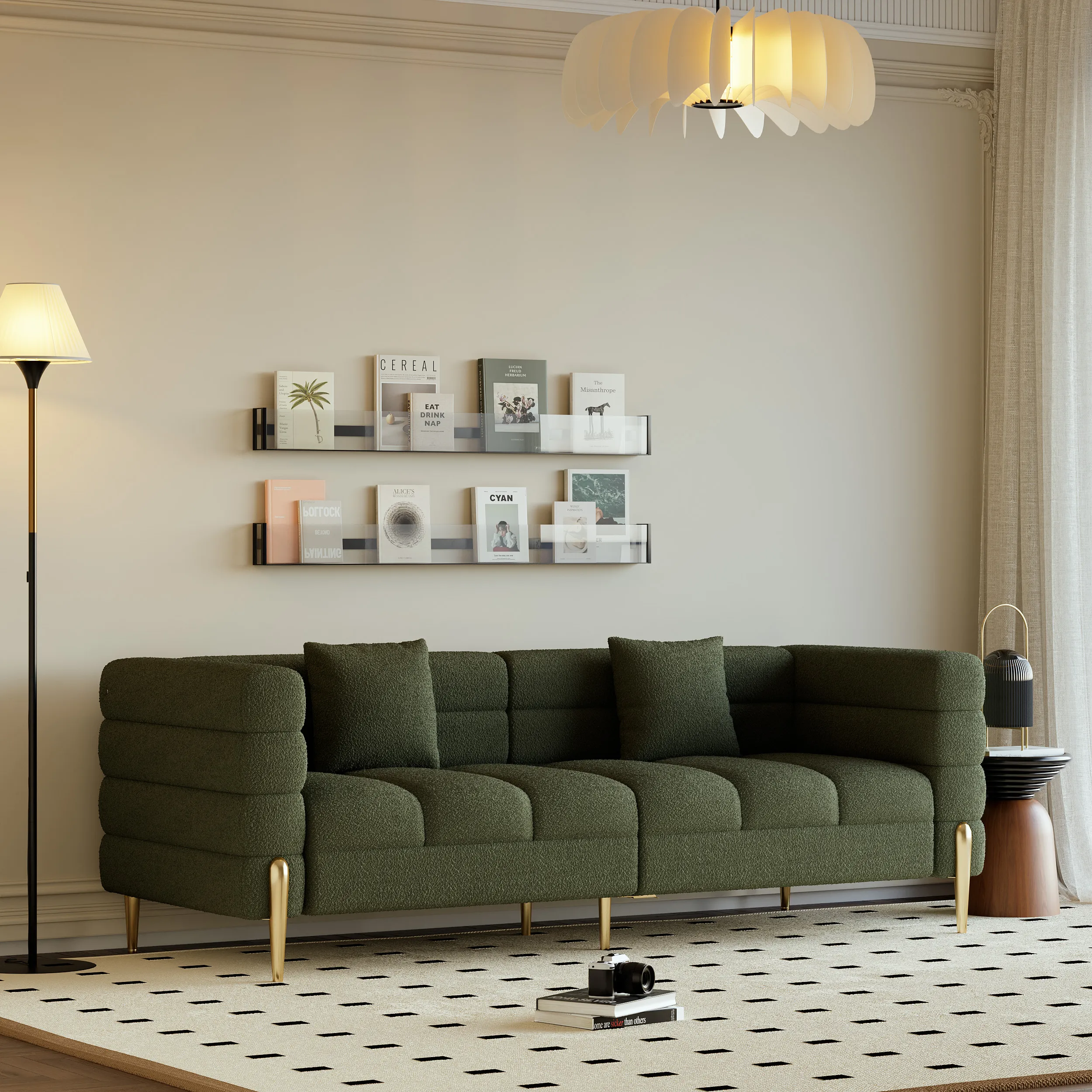 Fluted 3-Seater Sofa with Pillow - Green, Boucle