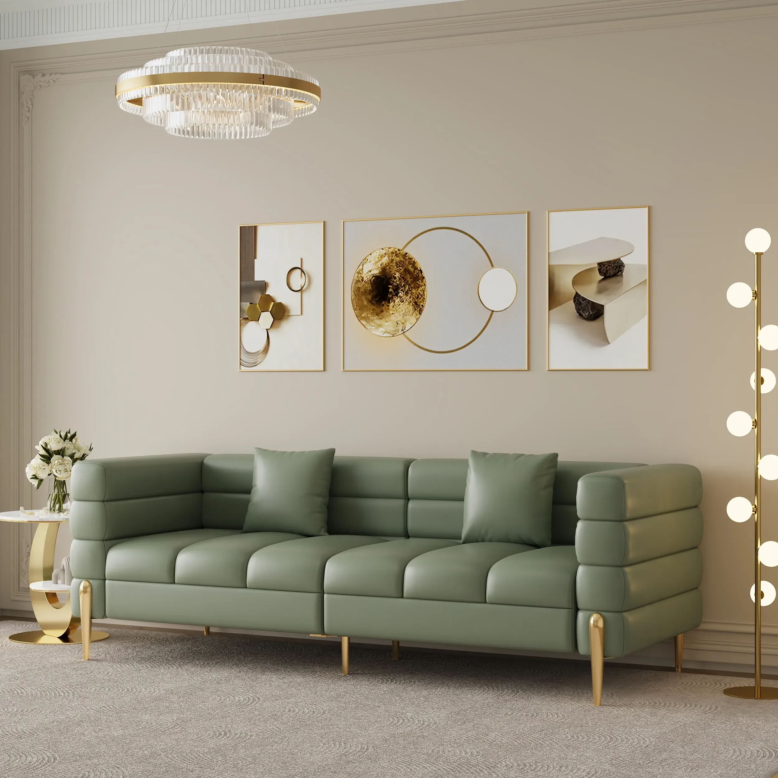 Fluted 3-Seater Sofa with Pillow - White, Leather