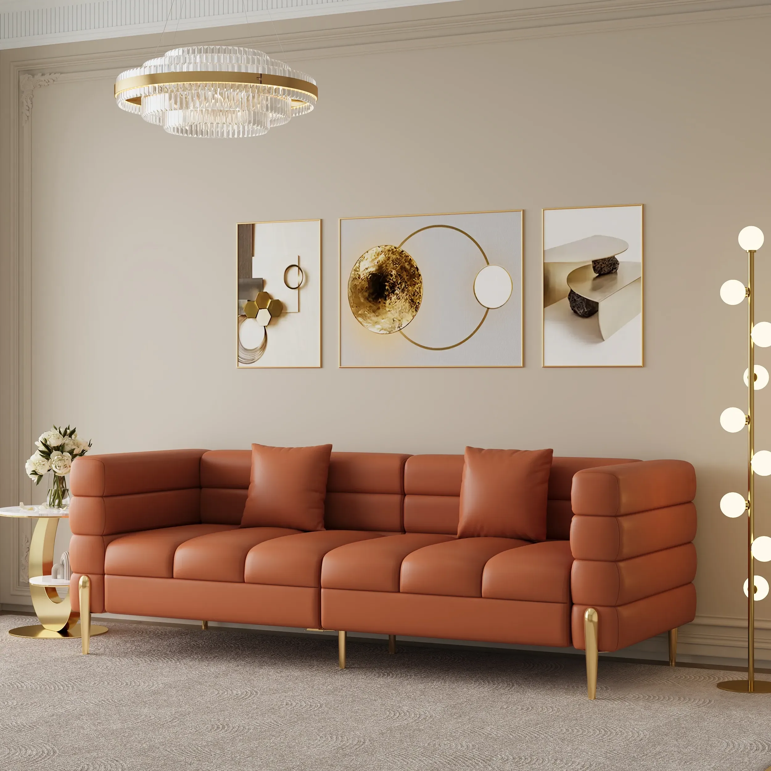 Fluted 3-Seater Sofa with Pillow - White, Leather