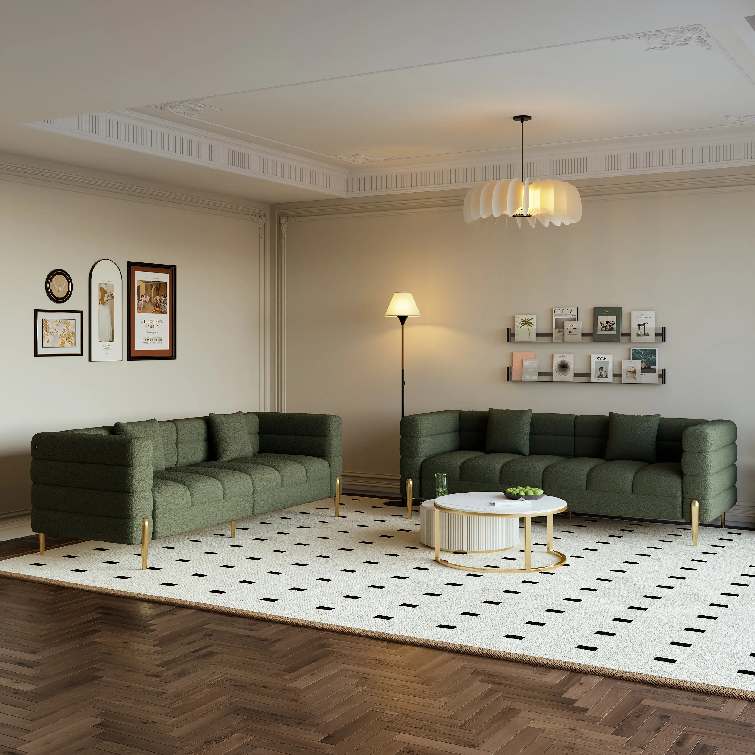 Fluted 3-Seater Sofa with Pillows - Green, Boucle