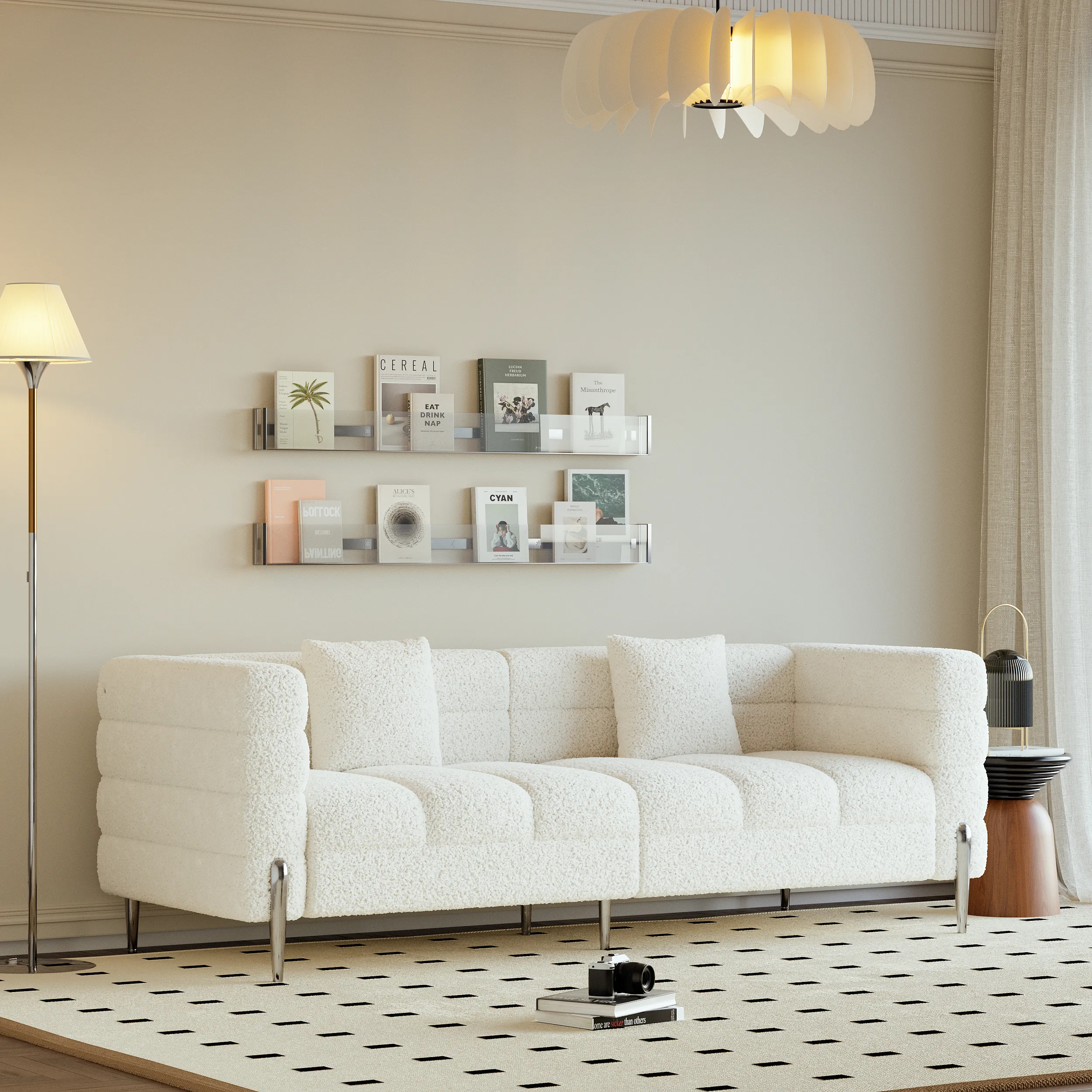 Fluted 3-Seater Sofa with Pillows - White, Boucle