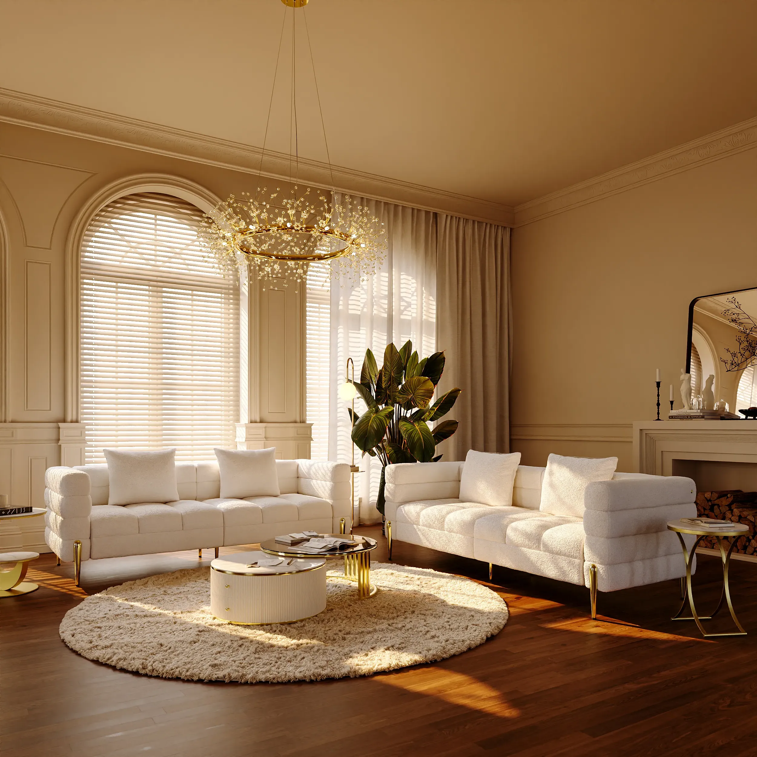 Fluted 3-Seater Sofa with Pillows - White, Boucle