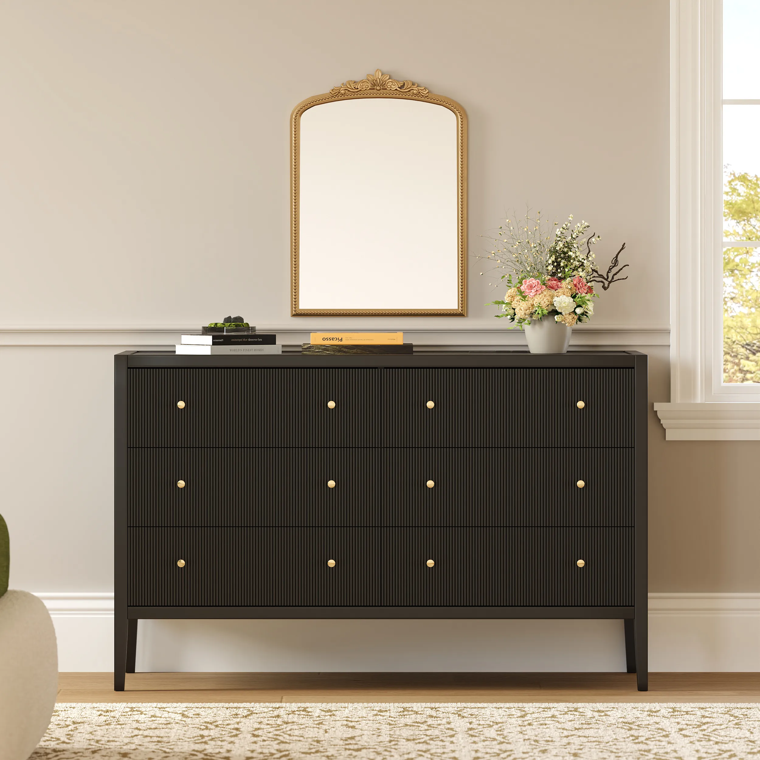 Fluted 6-Drawer Dresser with Charging Station - Black
