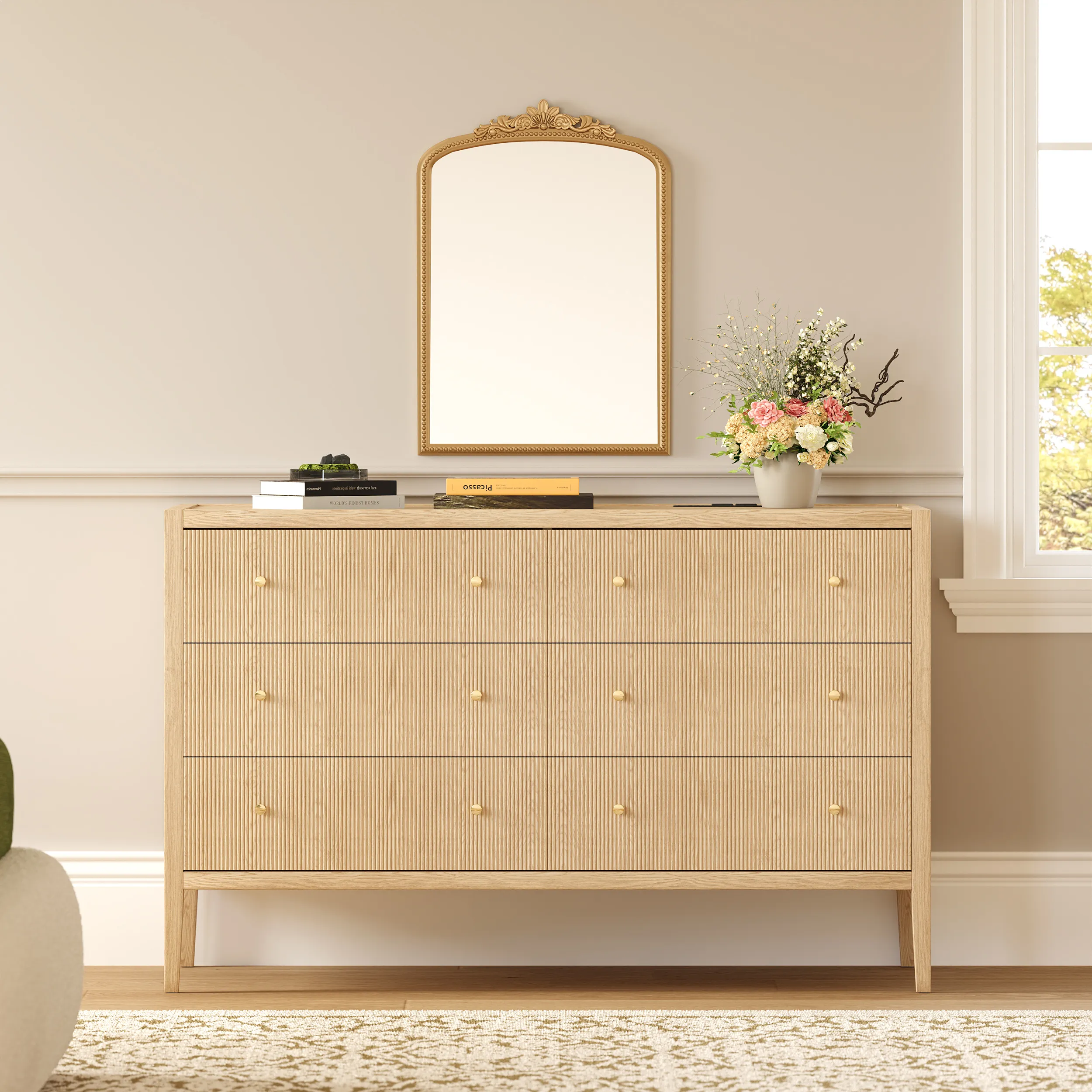 Fluted 6-Drawer Dresser with Charging Station - Natural