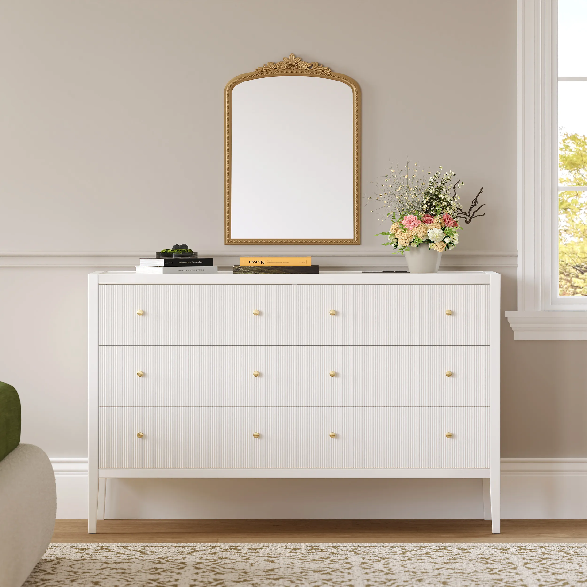 Fluted 6-Drawer Dresser with Charging Station - White