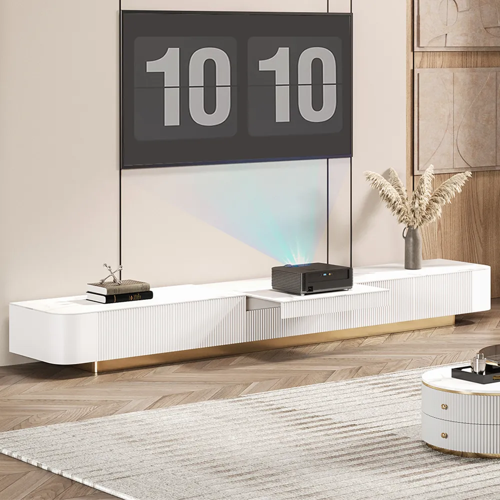 Fluted Low TV Stand for Projector with 5 Drawer - White, Stone