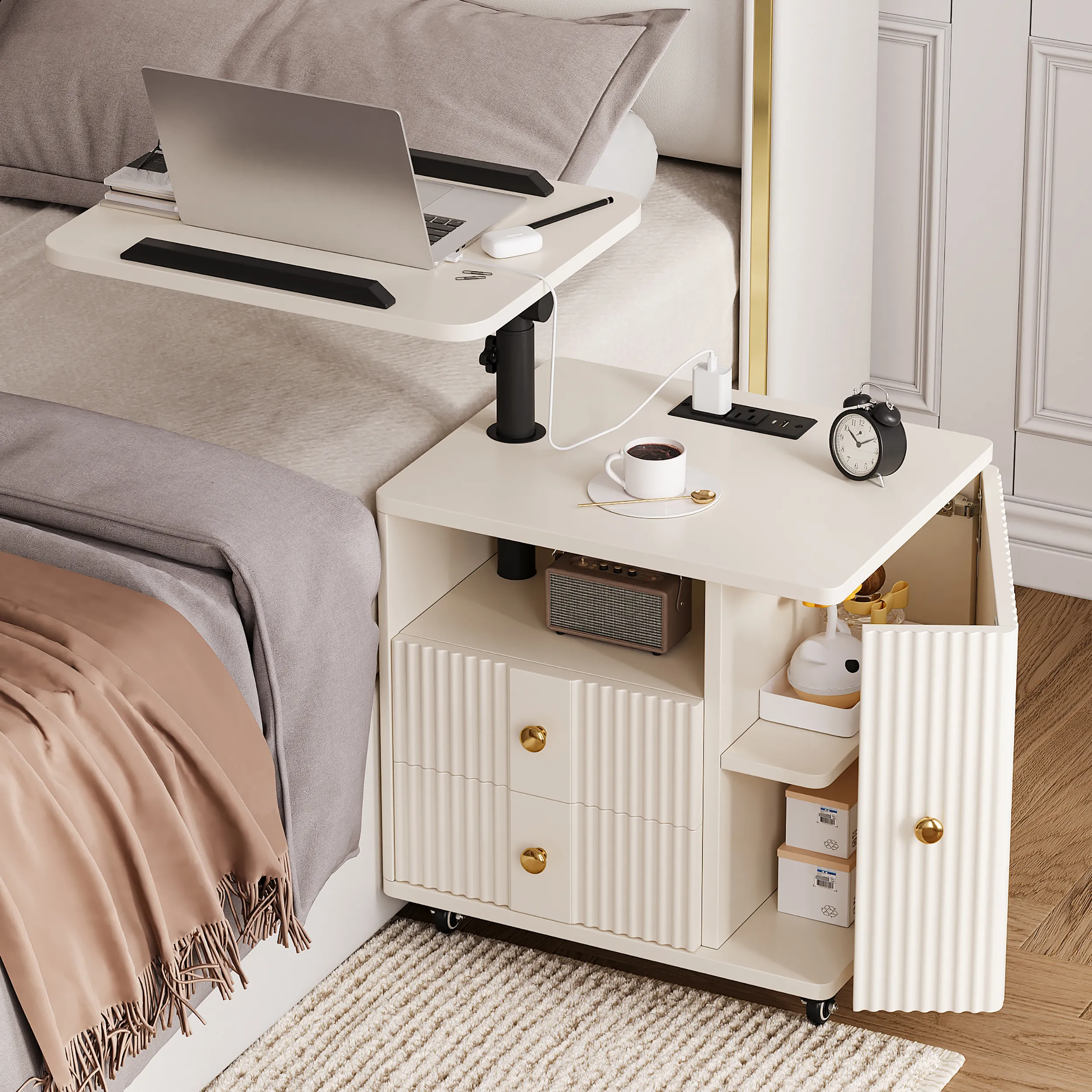 Fluted Nightstand with Lift Up Table & Charging Station image