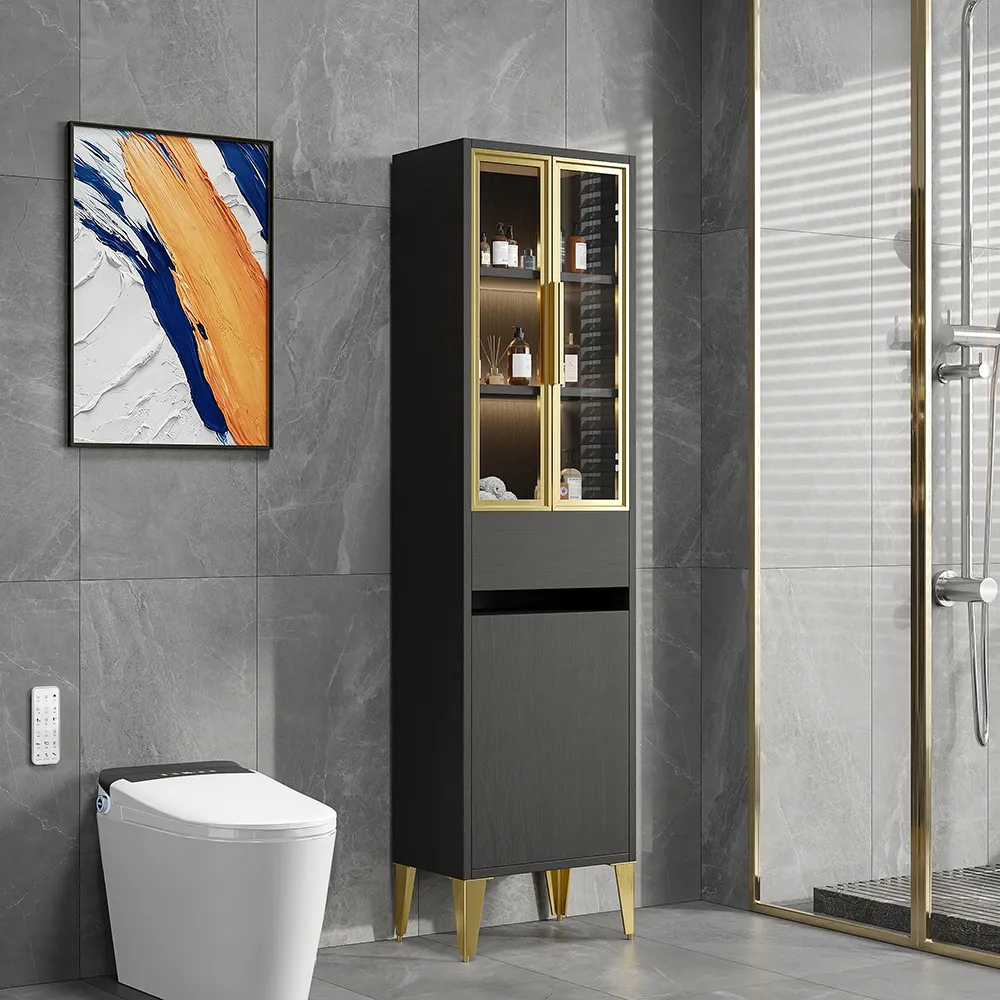 Freestanding Bathroom Storage Cabinet with LED - Black, Gold image