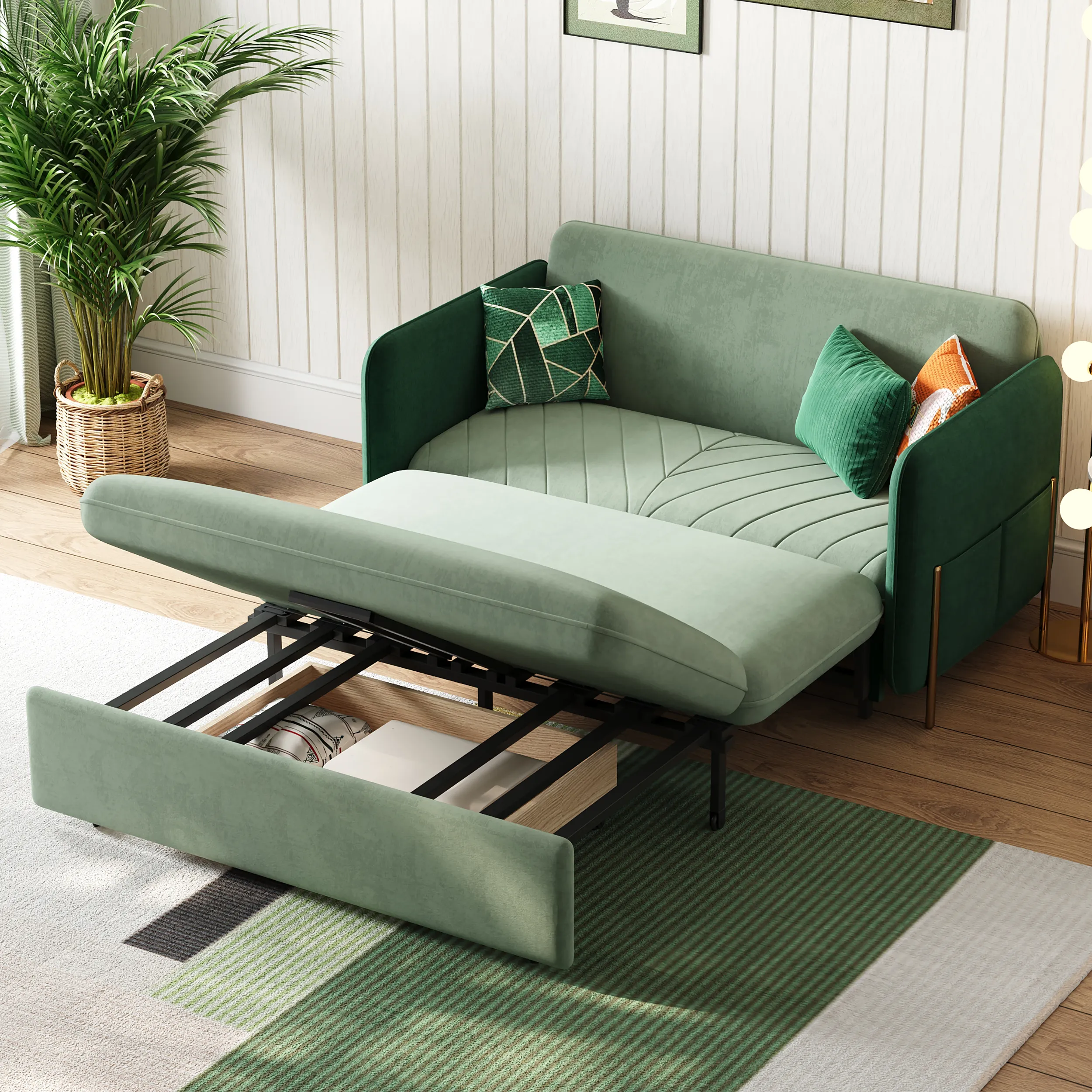Full Size Daybed with Trundle Pull Out Sleeper - Green, Velvet image