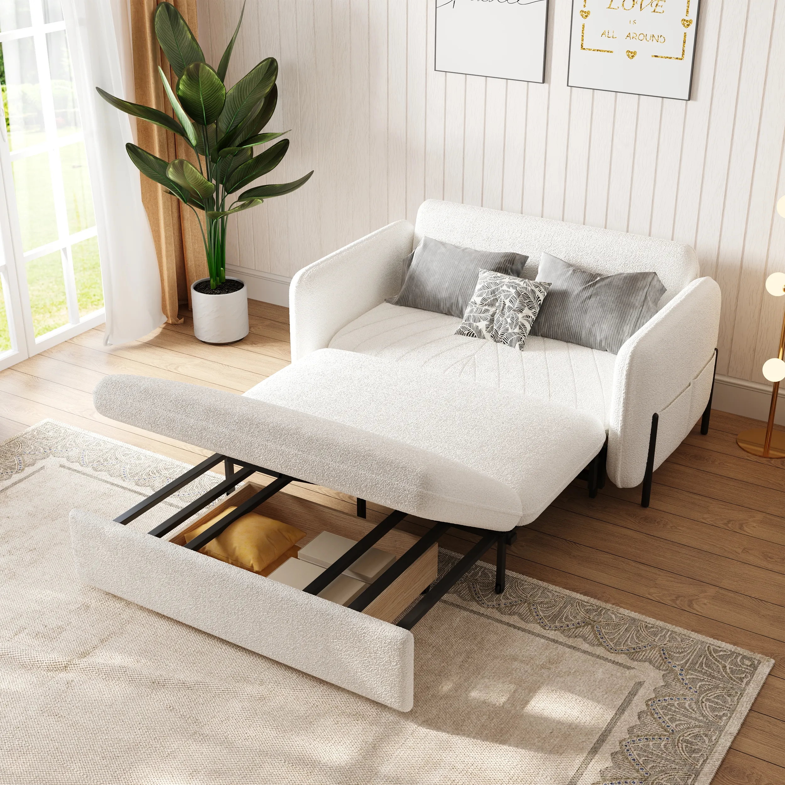 Full Size Daybed with Trundle Pull Out Sleeper - White, Boucle