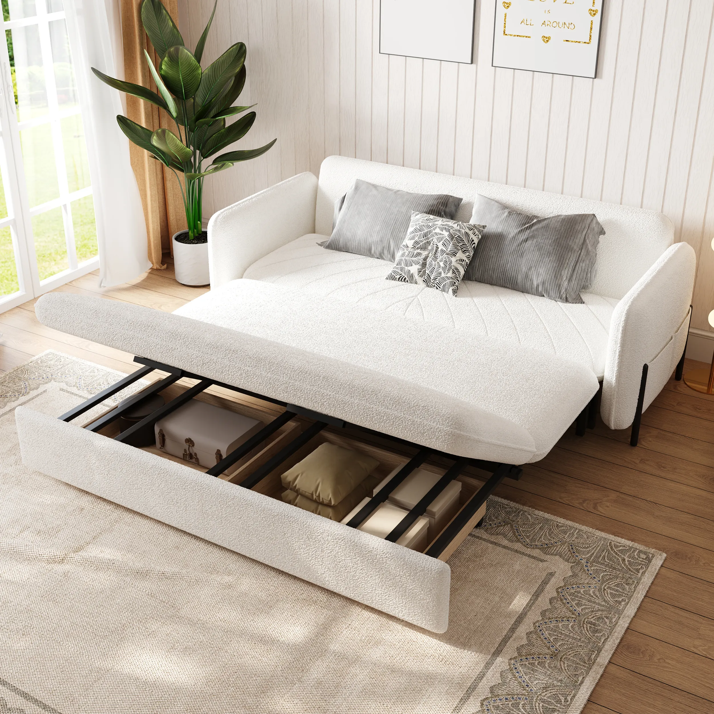 Full Size Daybed with Trundle Pull Out Sleeper - White, Boucle