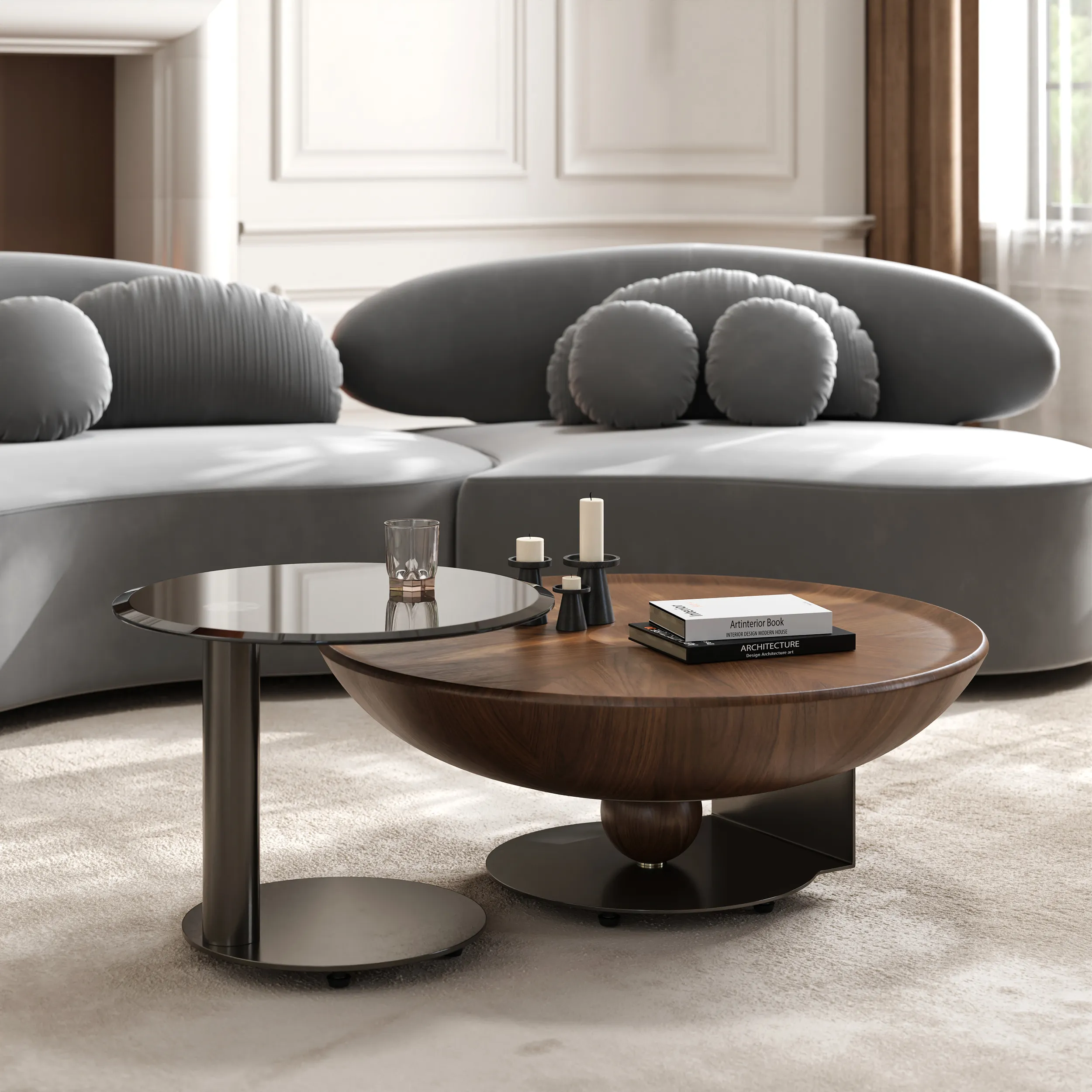 Glass Top Walnut Nesting Coffee Table Set of 2 - Walnut