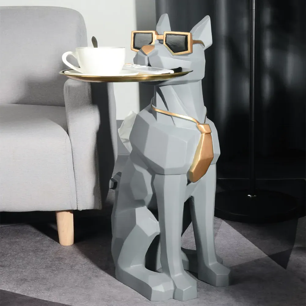 Grayhound Sculpture Side Table with Tray - Grey, Resin image
