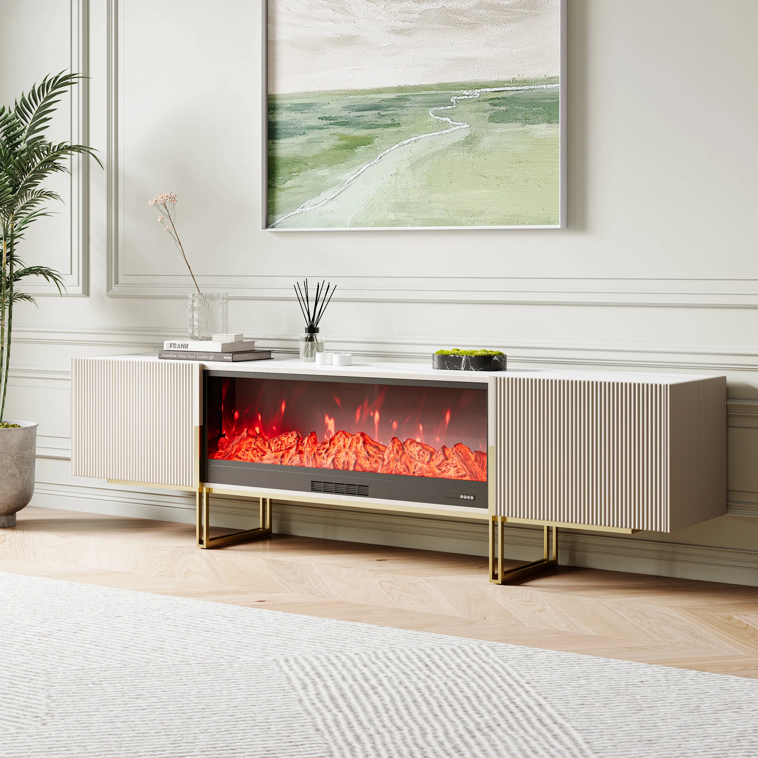 Grovyn 86" Electric Fireplace TV Stand - Off White, Sintered Stone image