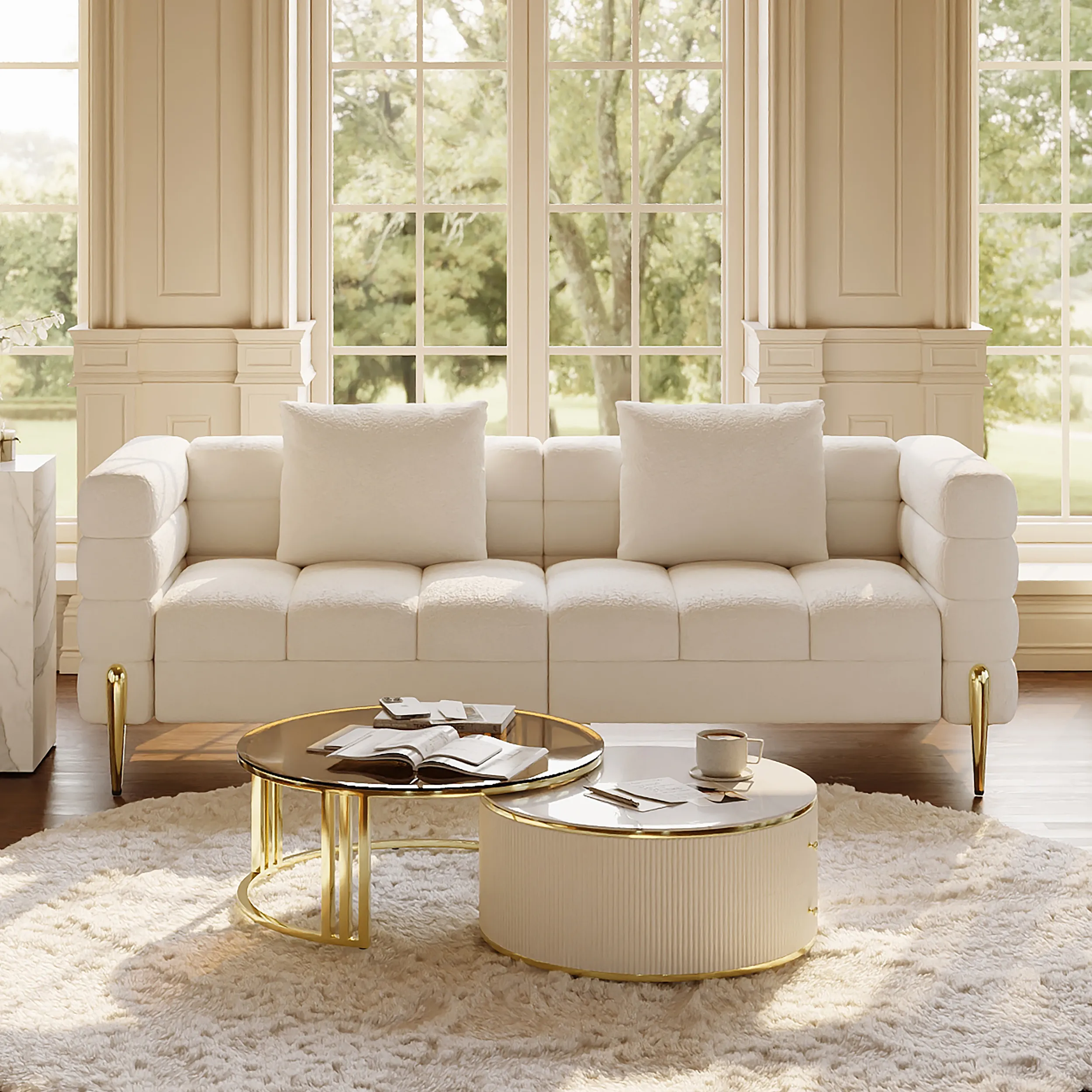 Grovyn Coffee Table & 3-Seater Sofa Set - Off-White, Boucle