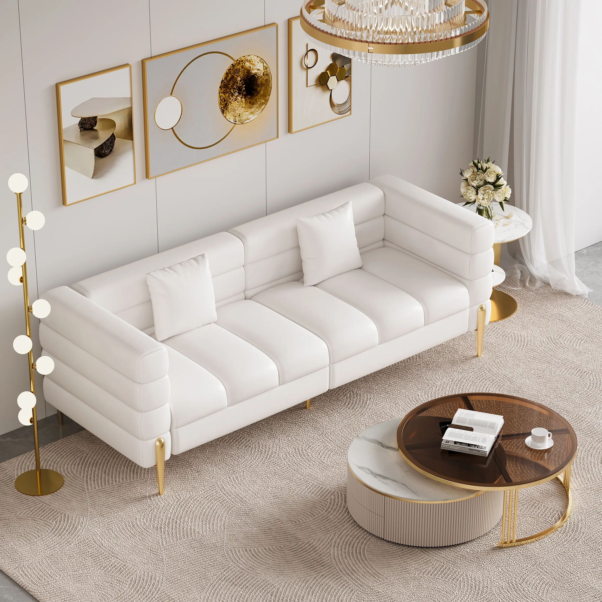 Grovyn Coffee Table & 3-Seater Sofa Set - Off-White, Leather