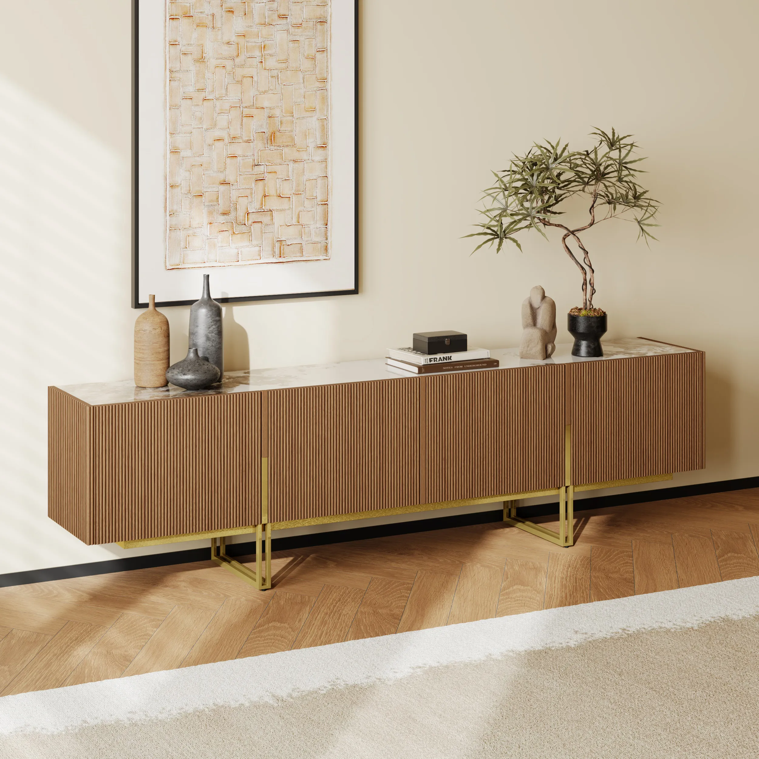 Grovyn TV Stand with 4 Doors - Walnut, Stone Top