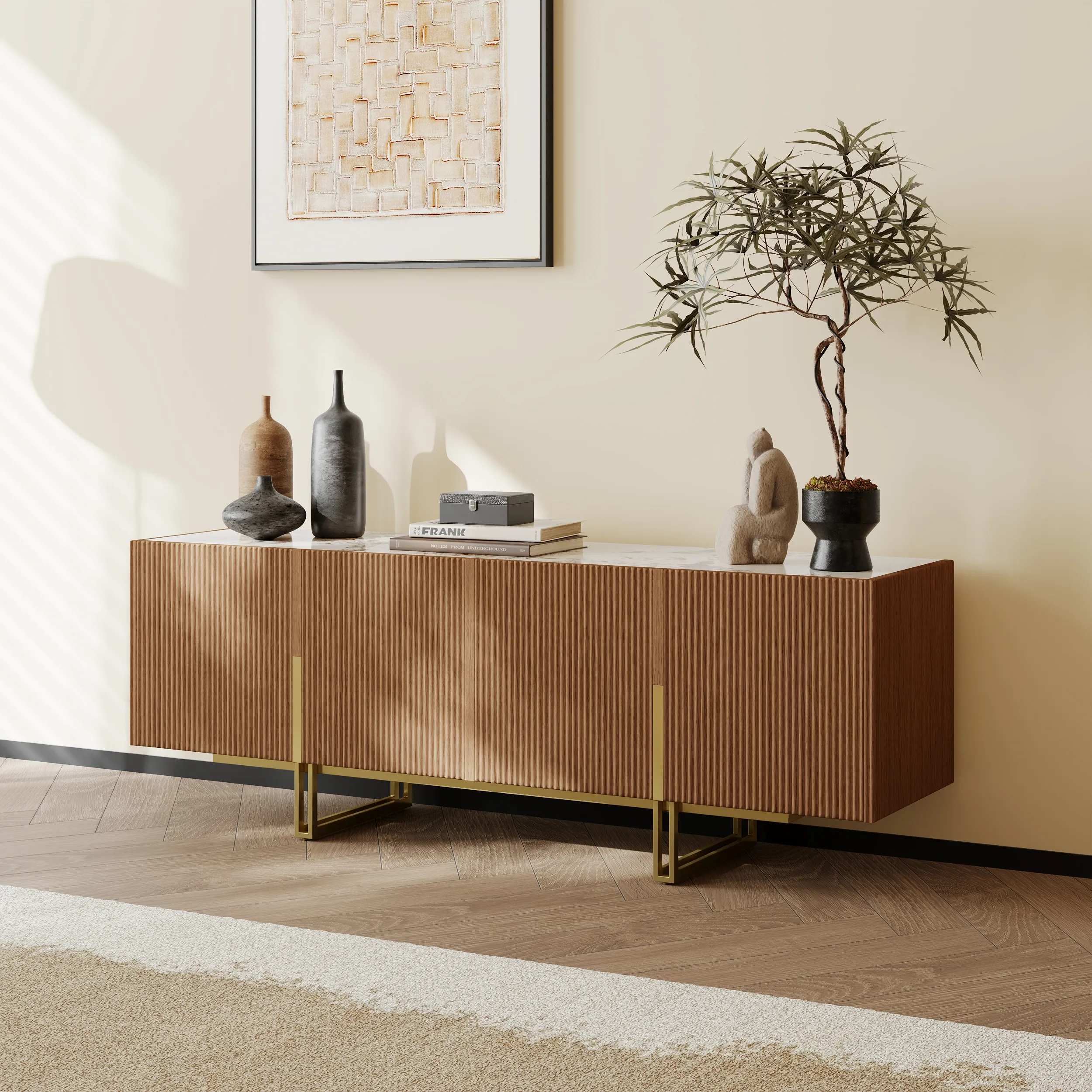Grovyn TV Stand with Storage - Walnut, Stone