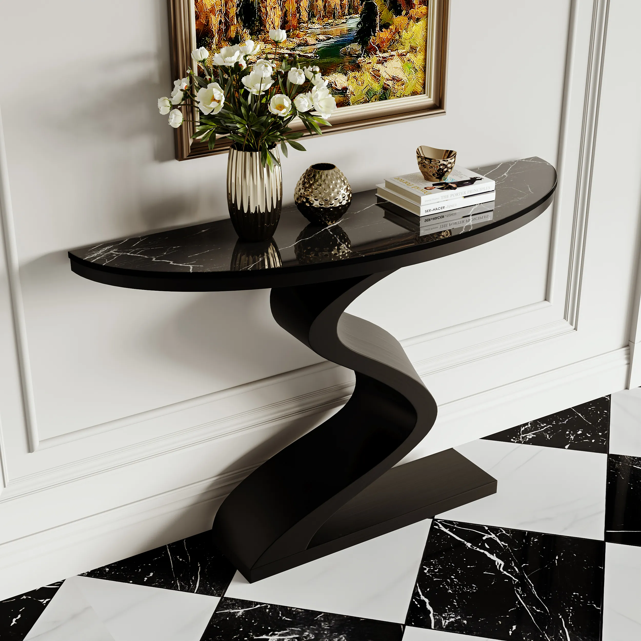 Half Moon Console Table - Black, Sintered Stone