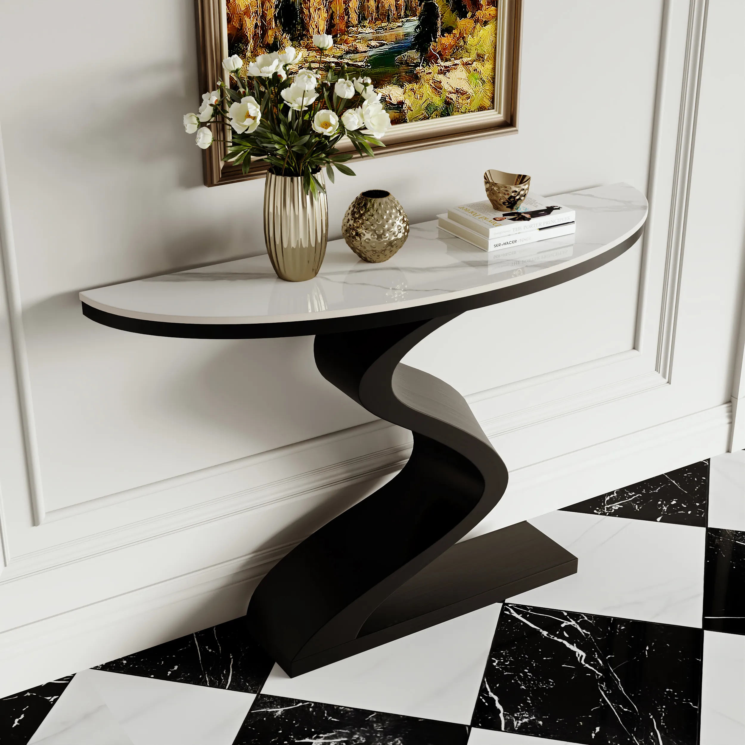 Half Moon Console Table - White & Black, Sintered Stone