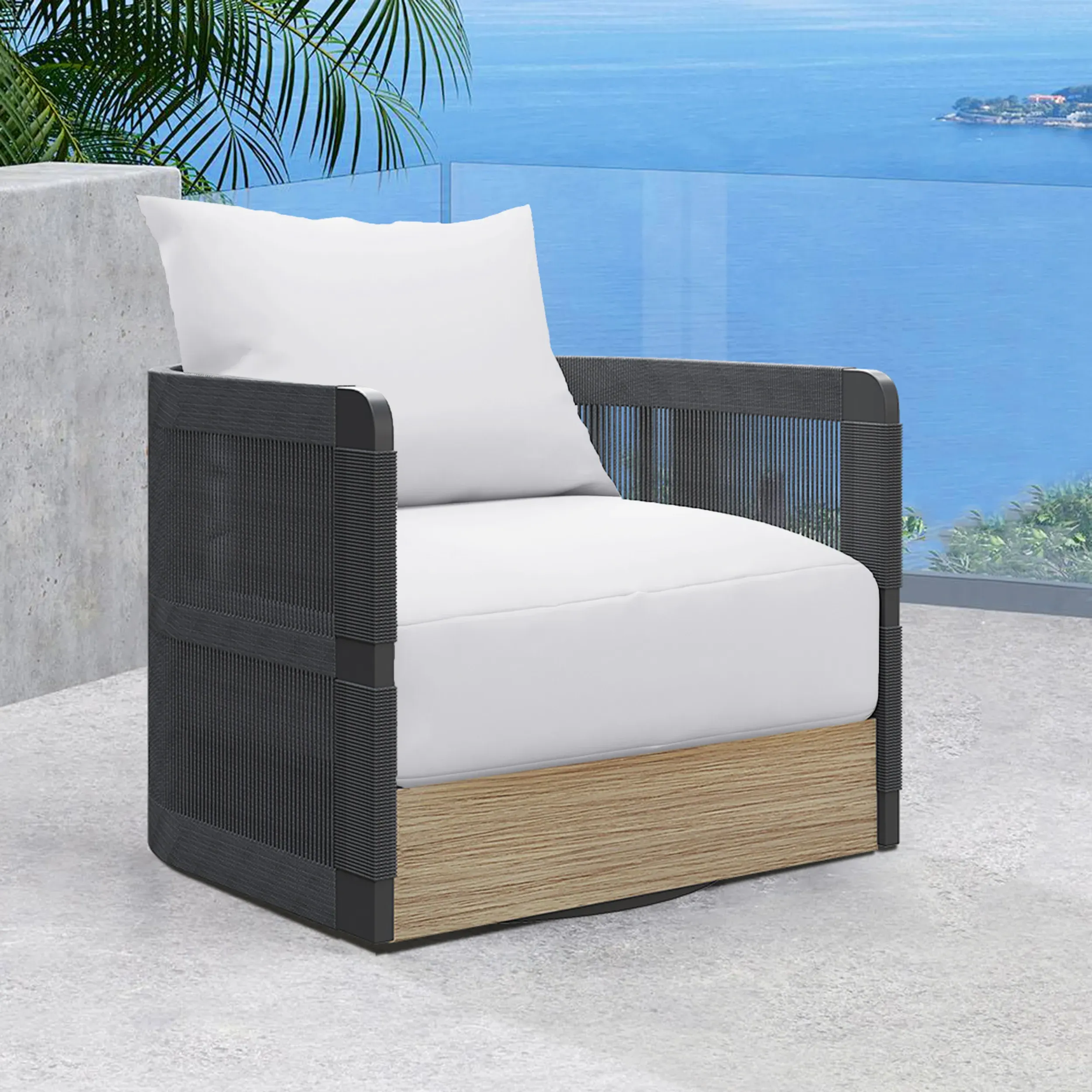 Handwoven Rope Outdoor Swivel Chair with 360° Rotation - Black